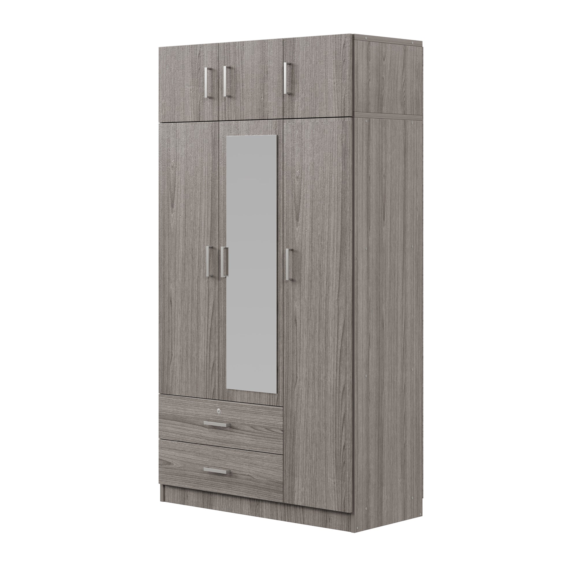 3 Door Mirror Wardrobe With 2 Drawers And Top Cabinet,Gray Gray Particle Board