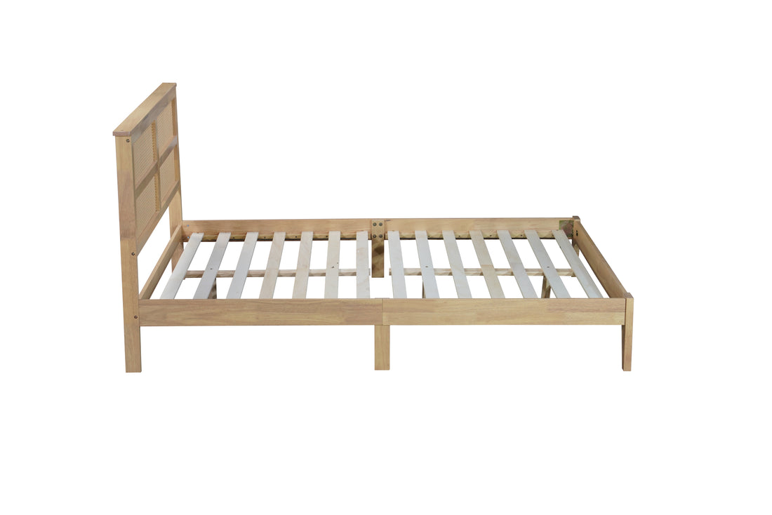 Queen Size Rubber Wooden, Solid Wooden Bed With Rattan Headboard, Enhanced By Support Feet Queen Natural American Design Rubber Wood