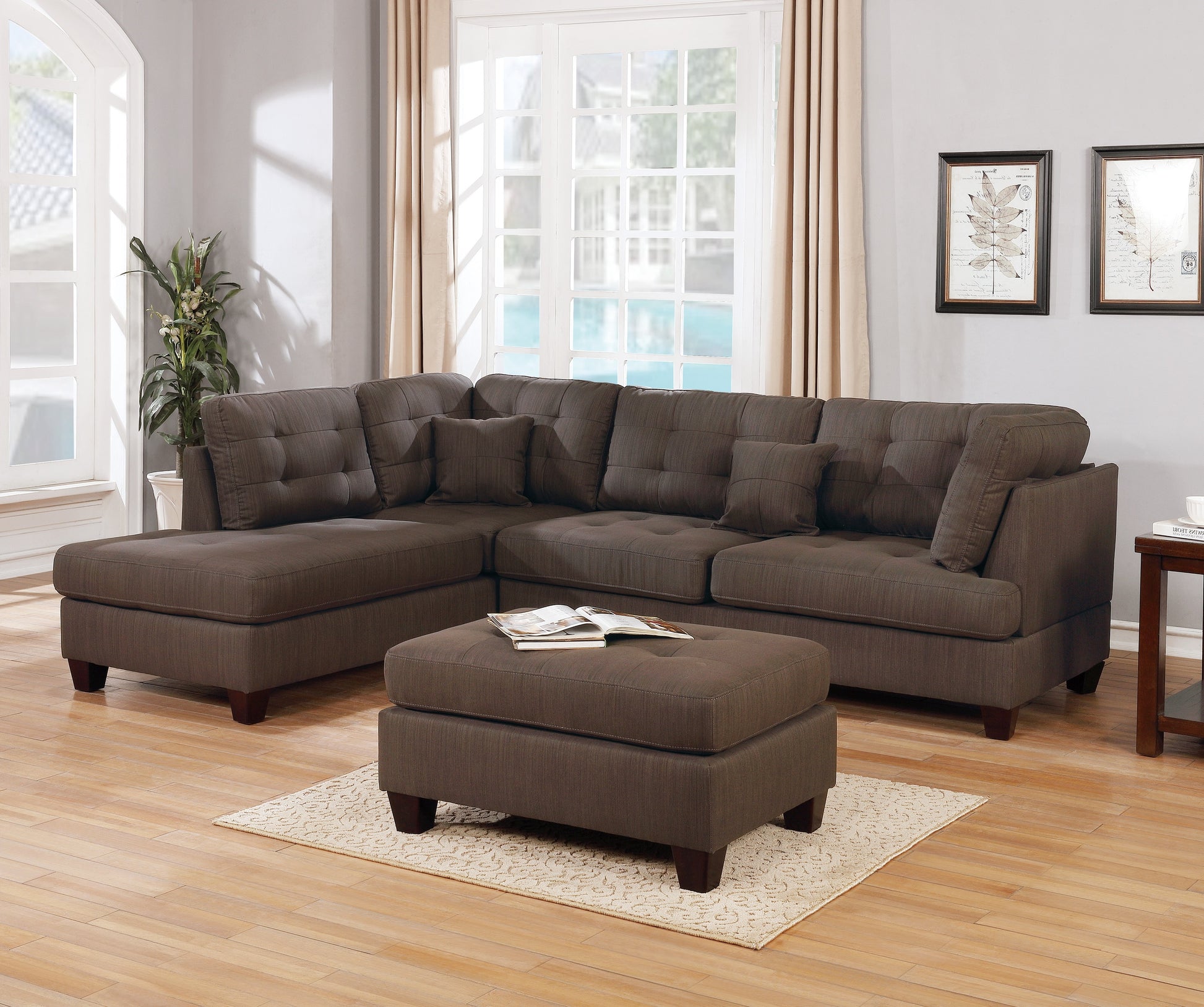 Modern 3Pc Sectional Sofa Set Reversible Chaise Sofa Ottoman Black Coffee Polyfiber Linen Like Fabric Living Room Furniture Couch Black Brown Wood Primary Living Space Tufted Back Contemporary,Modern L Shaped Particle Board 5 Seat