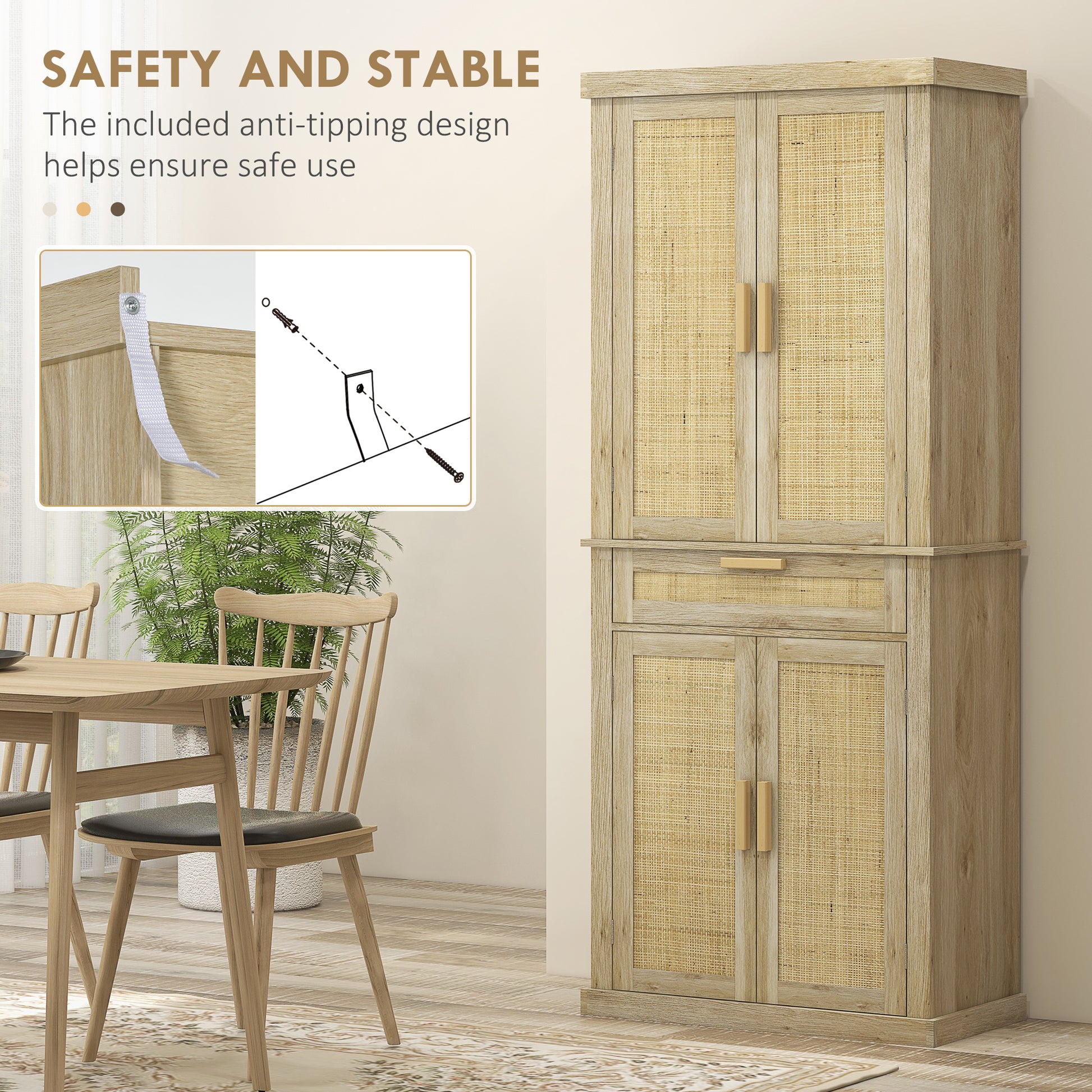 Homcom 72" Tall Pantry Cabinet With Rattan Decorated Panel, Freestanding Boho Kitchen Storage Cabinet With 4 Doors, Drawer, 5 Tier Shelf And Adjustable Shelves, Oak Oak Particle Board