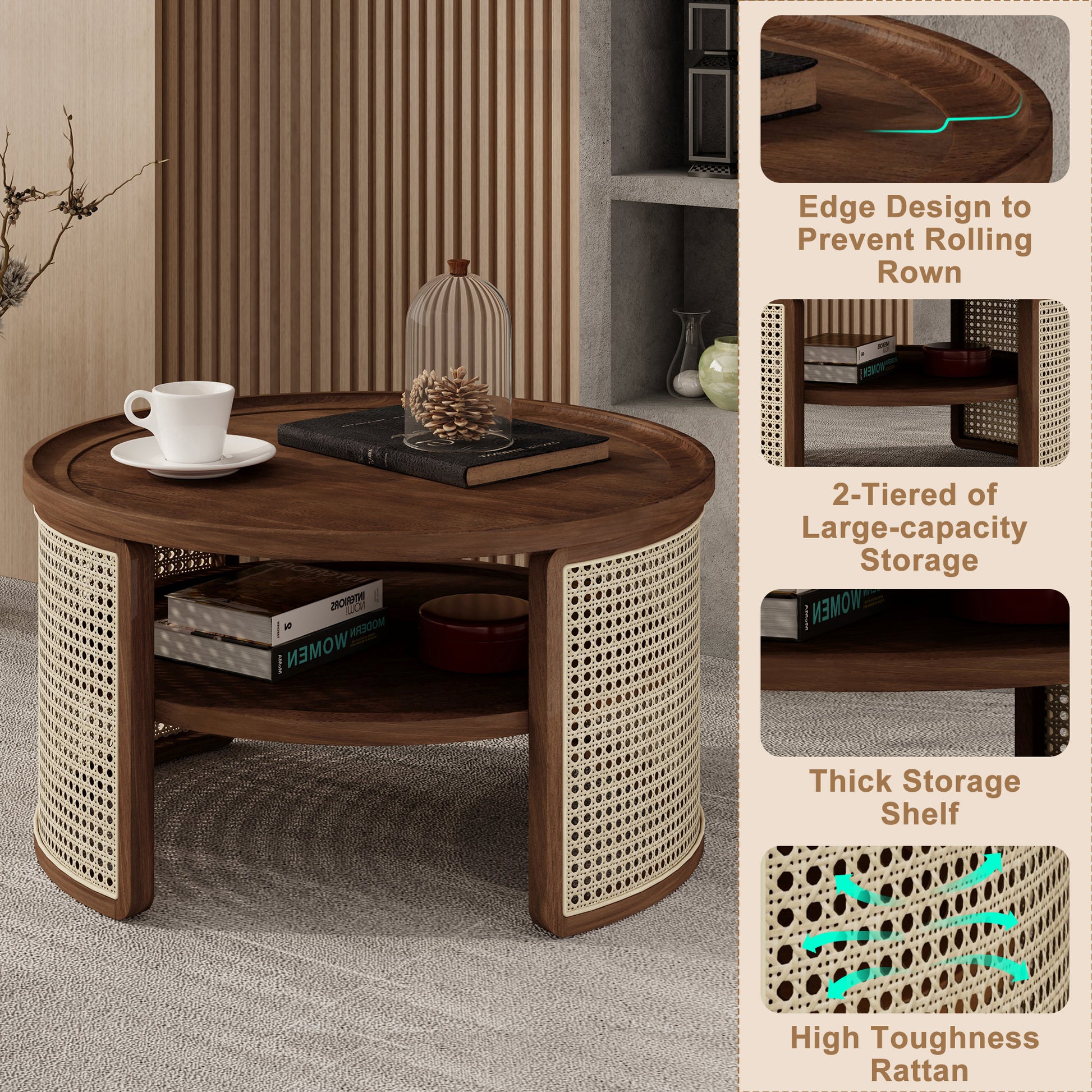 2 Tiered Round Walnut Wood Coffee Table With Storage Rattan Base In 31.3'' Walnut Rubber Wood