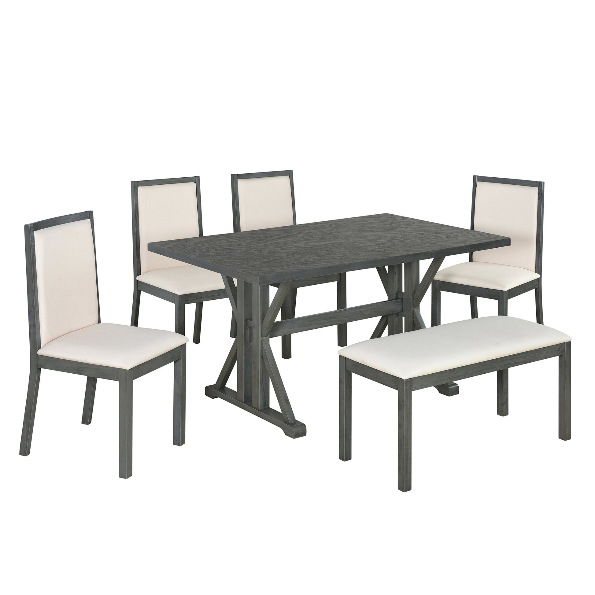 Farmhouse Classical 6 Piece Dining Table Set With Trestle Legs,Kitchen Table Set For 6 With 4 Upholstered Dining Chairs And Bench, Grey Wood Dining Room Solid Wood Rubberwood Rectangular Dining Table With Chair And Bench Upholstered Chair Wood Beige Grey