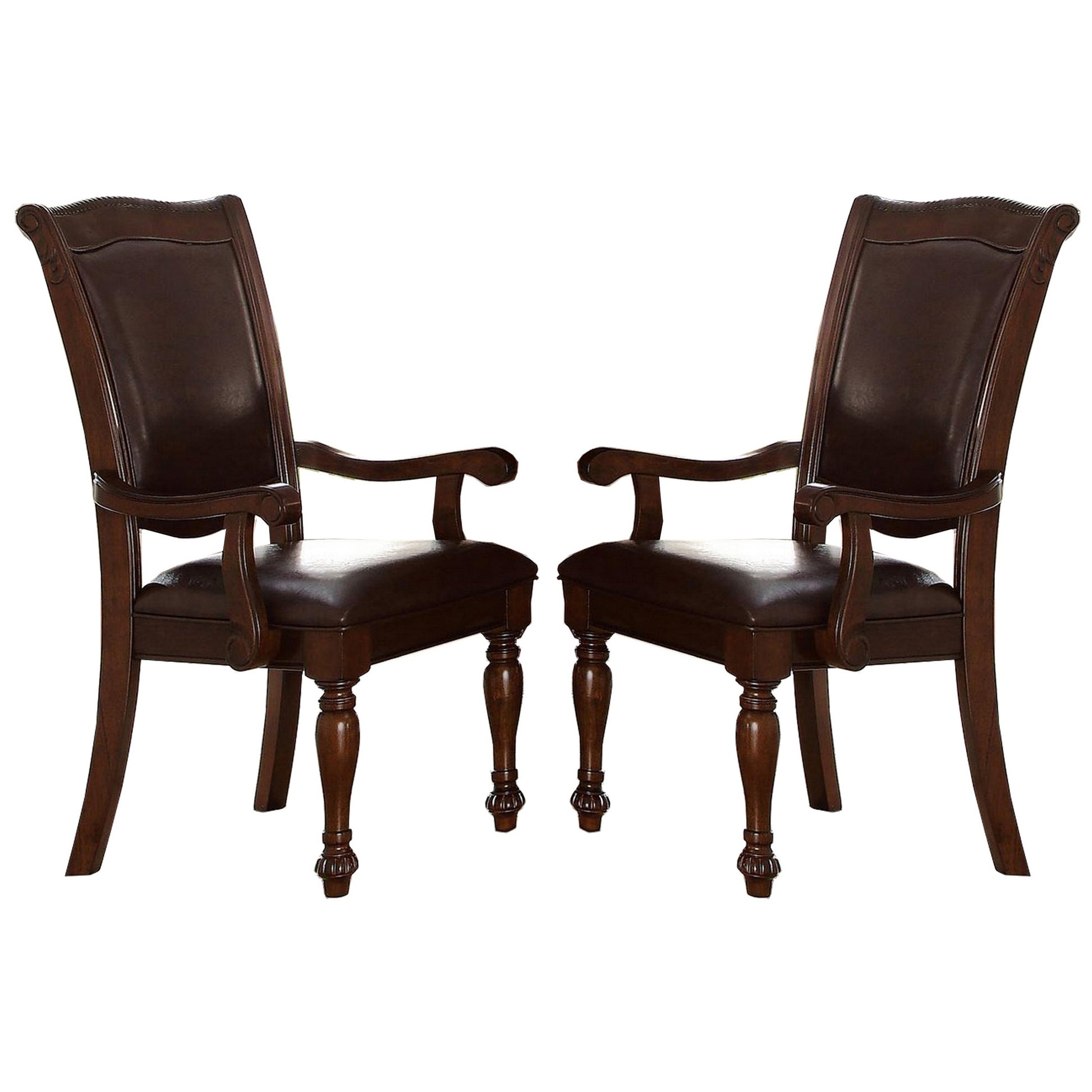 Traditional Style Wood & Leather Dining Side Arm Chair, Brown & Dark Brown, Set Of 2 Brown Wood Fabric