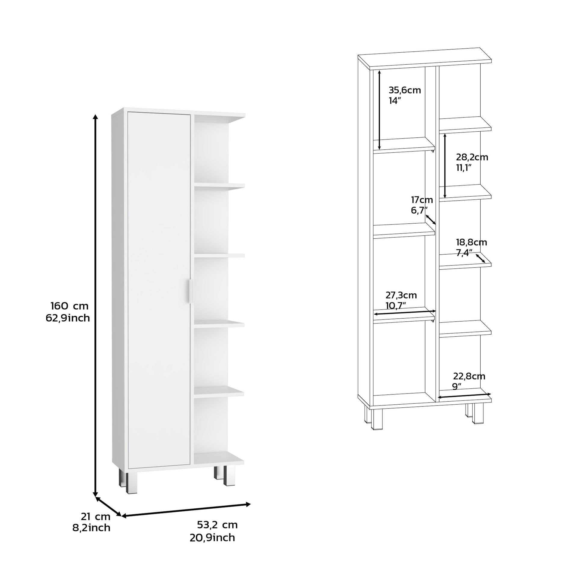 Keller Linen Cabinet 63" H, With 1 Door And 9 Shelves, White White Solid Wood Mdf Engineered Wood