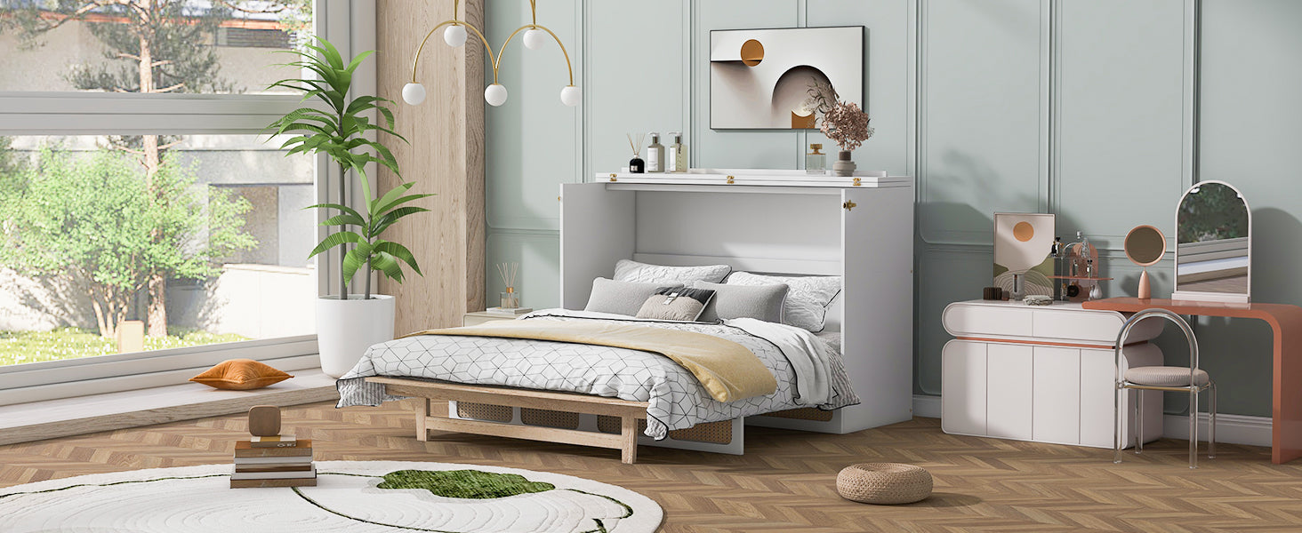 Queen Murphy Bed With Large Drawers,White Queen White Plywood