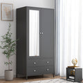 Metal Armoire Wardrobe Closet With 2 Drawers, Mirror Door And Hanging Rod, Metal Clothing Storage Cabinet, Garment Organizer With Magnetic Door Dark Grey Gray Bedroom Retro Steel