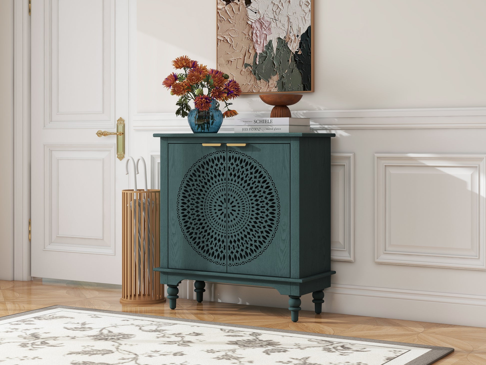 Hollow Carved 2 Door Accent Cabinet Sideboard Buffet Storage Cabinet With Adjustable Shelf For Entryway Living Room Bedroom Blackish Green American Design Mdf