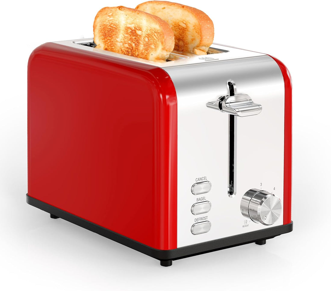 2 Slice Toaster With 6 Browning Setting And 3 Function, Extra Wide Slot & Removable Crumb Tray, Retro Stainless Steel Style, For Bread & Waffle Red Stainless Steel