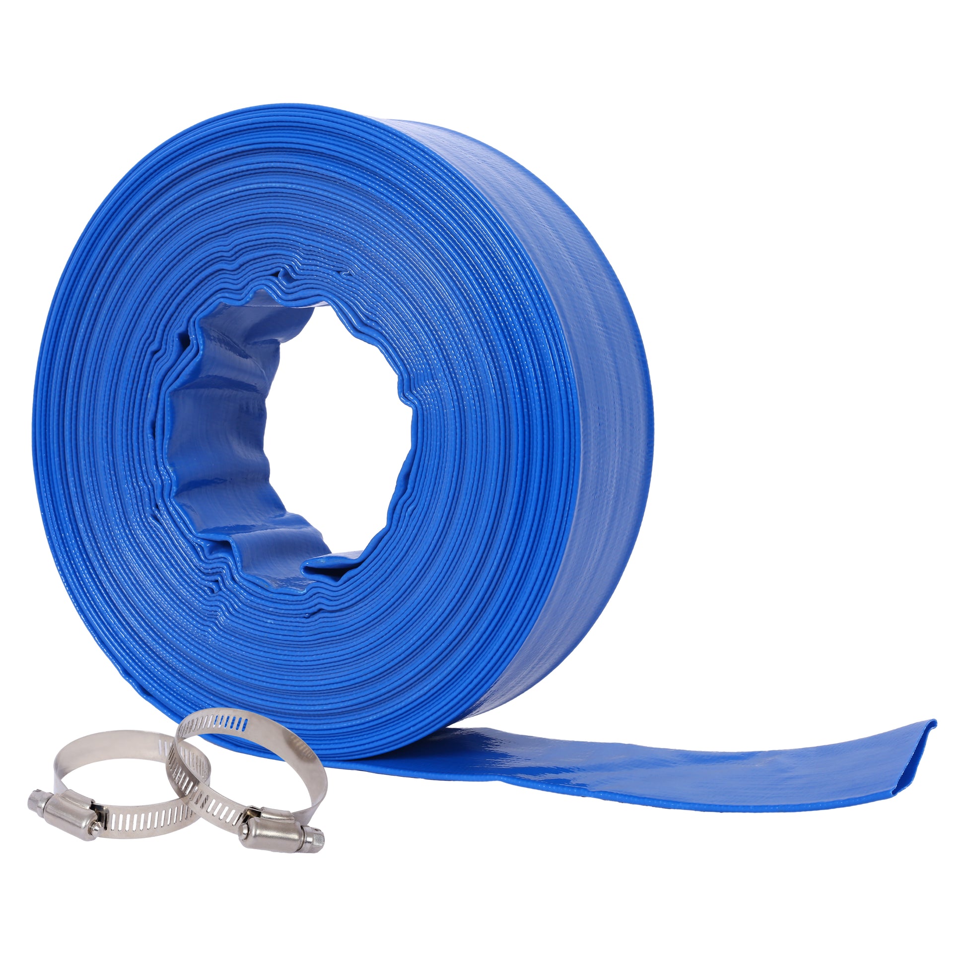 2"X100Ft Pool Backwash Hose, Blue Heavy Duty Reinforced Pvc Lay Flat Water Discharge Hose For Swimming Pool Filter Pump,With 2 Clamp Blue Pvc