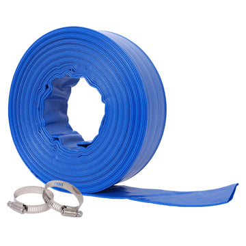 1 1 2" Flat 2.6" Widthx 100 Ft Pool Backwash Hose, Blue Heavy Duty Reinforced Pvc Lay Flat Water Discharge Hose For Swimming Pool Filter Pump,With 2 Clamp Blue Pvc