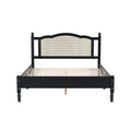 Queen Size Wooden Platform Bed With Natural Rattan Headboard, Vintage Bed Frame With Wooden Slat Support, Black Box Spring Not Required Queen Black Wood