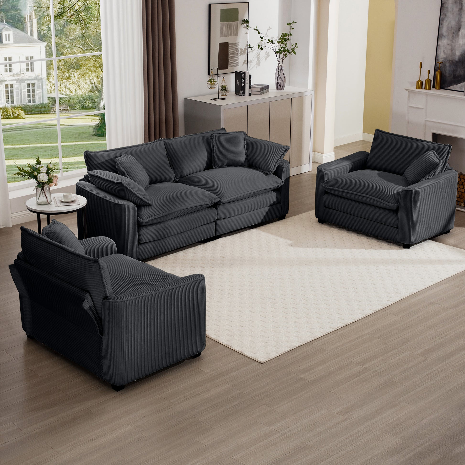 Warm And Cozy Sofa Set With Soft Cushions And Pillows, Home Theater Style Sofa Set Consisting Of One 2 Seater Sofas And Two Single Sofa In Grey Corduroy Fabric Grey Corduroy 4 Seat