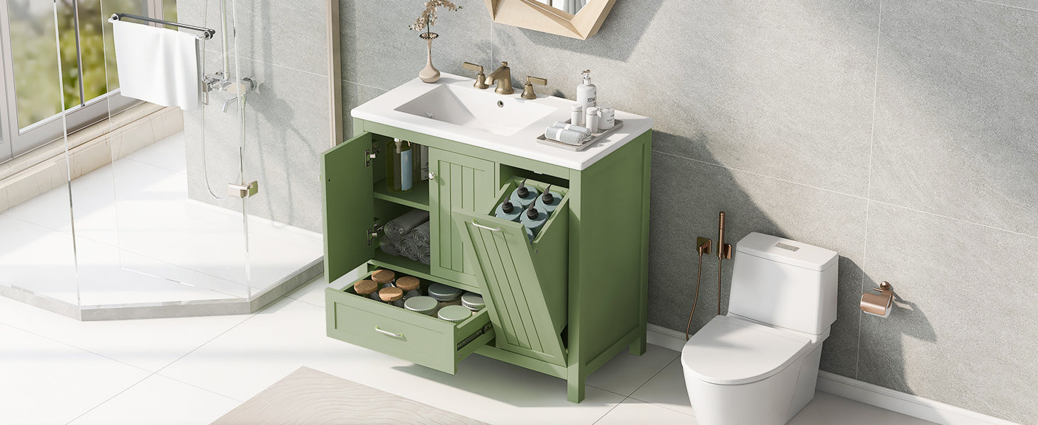 36" Bathroom Vanity With Sink, One Cabinet With Two Doors And One Big Drawer And One Flip Drawer, Solid Wood And Mdf Board, Green Green Solid Wood Mdf