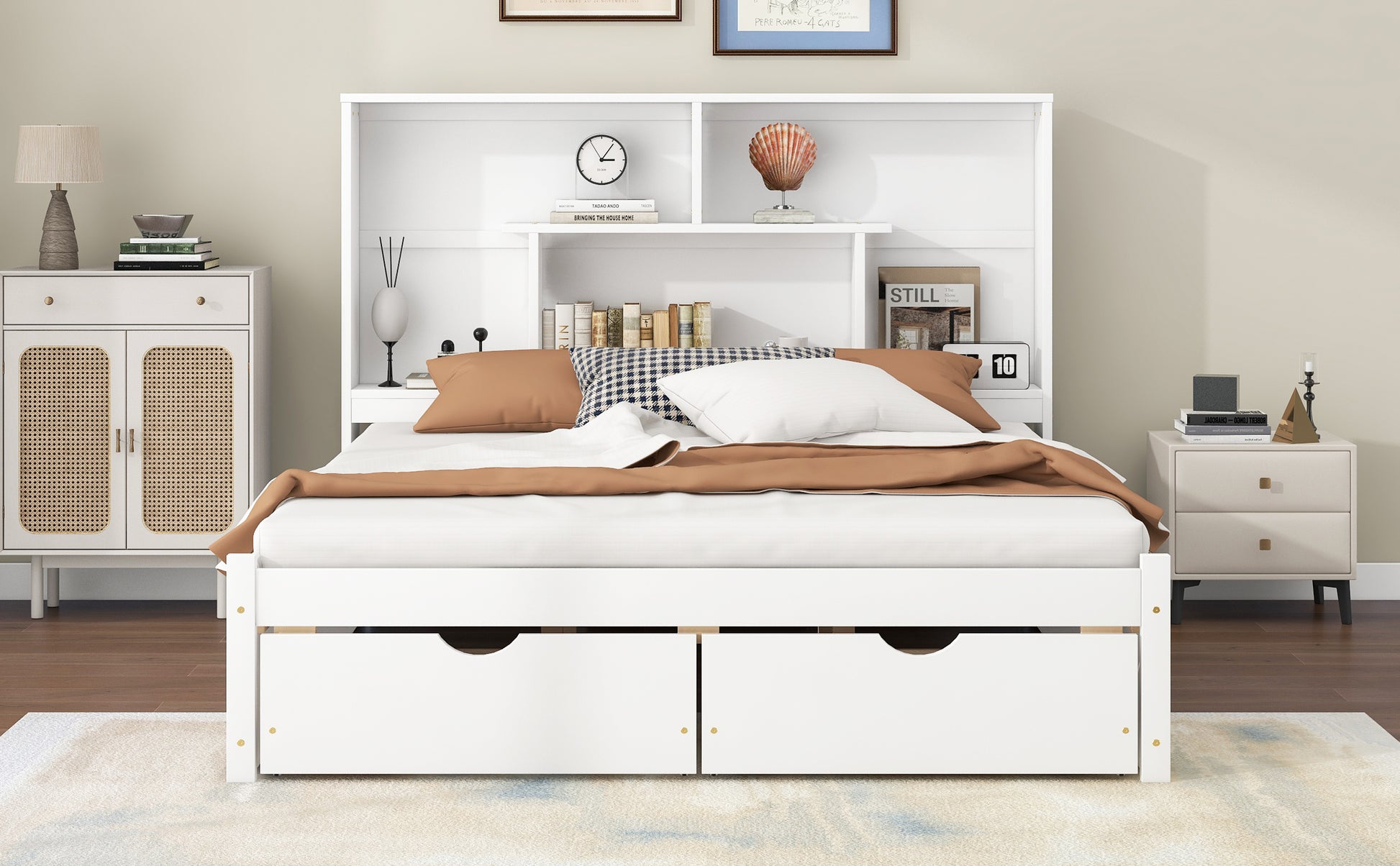 Queen Size Platform Bed With Storage Headboard And 2 Drawers, White Box Spring Not Required Queen White Wood Bedroom Bed Frame Solid Wood Mdf