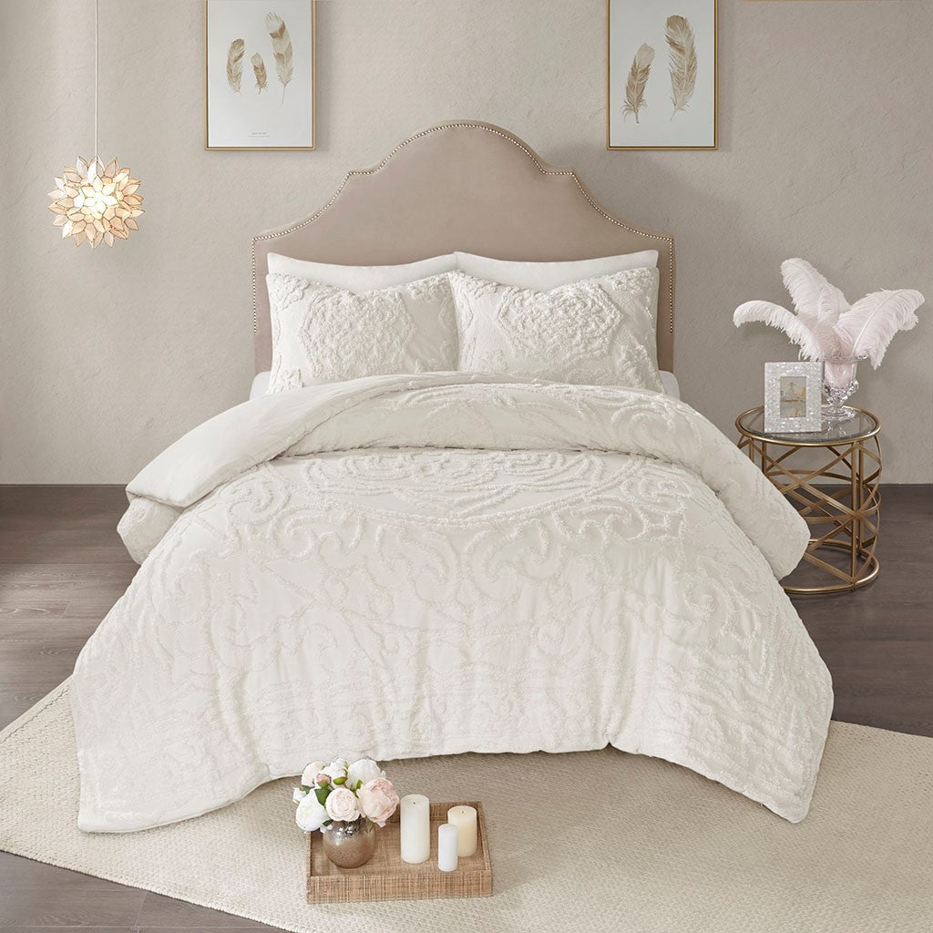 3 Piece Tufted Cotton Chenille Medallion Duvet Cover Set King Off White Cotton