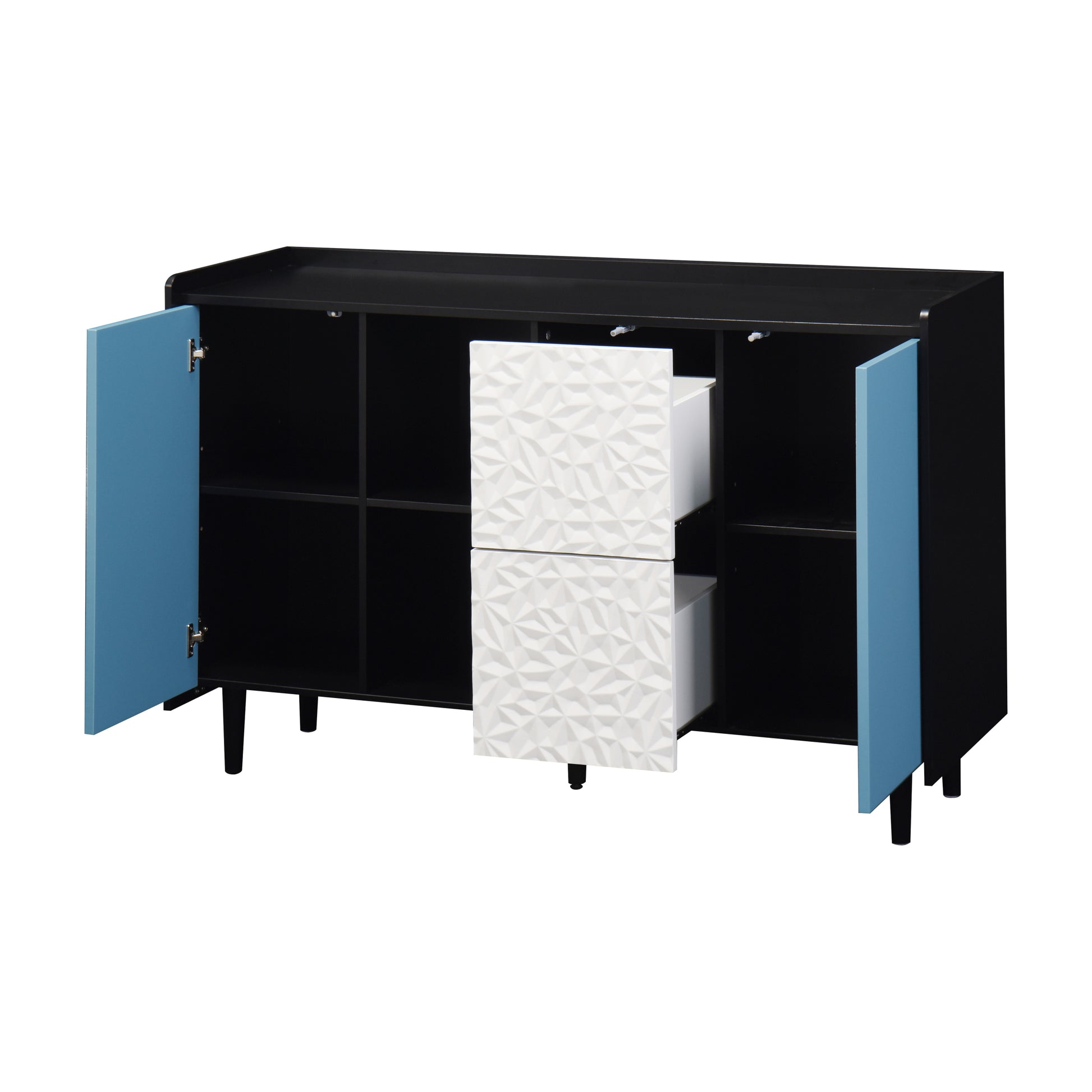 Sideboard Buffet Cabinet, Black Storage Cabinet With Blue Doors2 Drawers With Unique Panel Styling And 2 Open Storage Compartment, Modern Coffee Bar Cabinet Accent Cabinet For Kitchen, Dining Room Black Blue Mdf