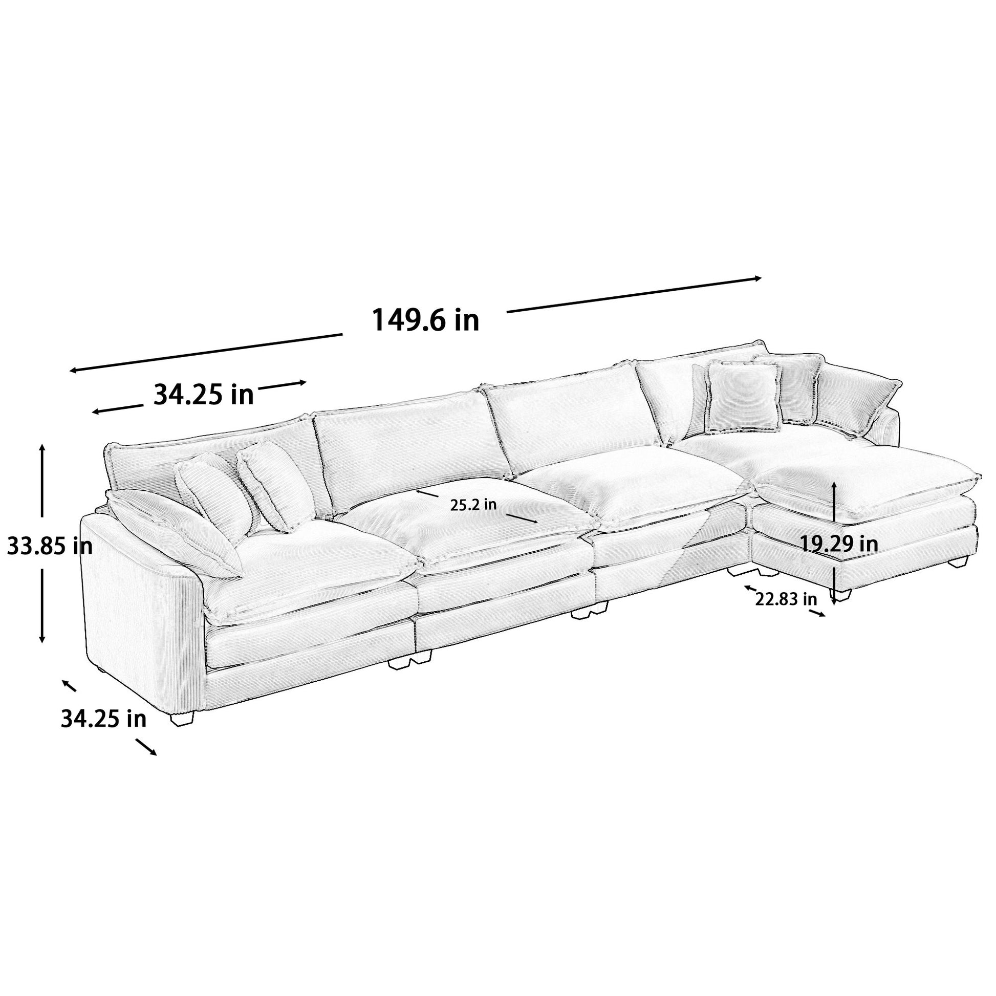 Corduroy Sofa , Modern Upholstered 4 Seater With With 1 Footstool Corduroy Fabric Sofaoffice Living Room Apartment Comfort Sofa, Easy To Assemble With 2 Arm Pillows And 4 Throw Pillows Grey Corduroy 4 Seat