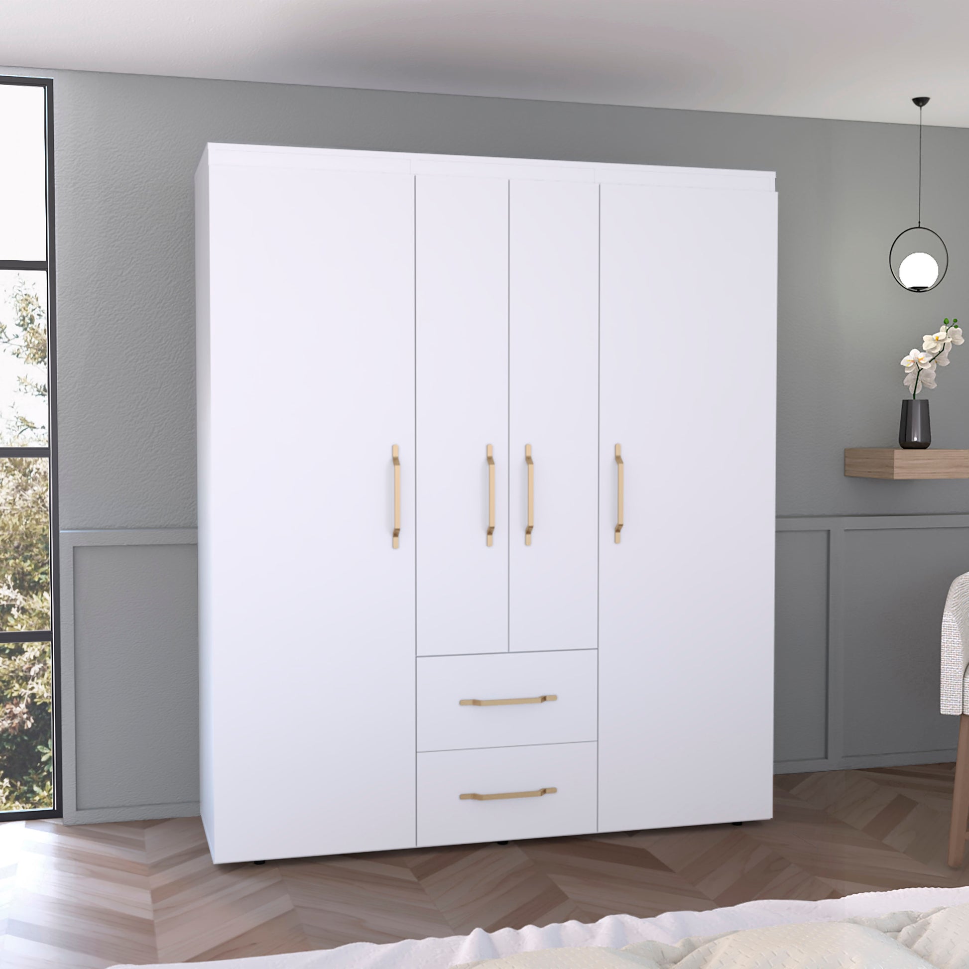 Bariloche Wardrobe, Multi Section Storage With Hanging Rods, Shelves, And 2 Drawers White Bedroom Modern Particle Board