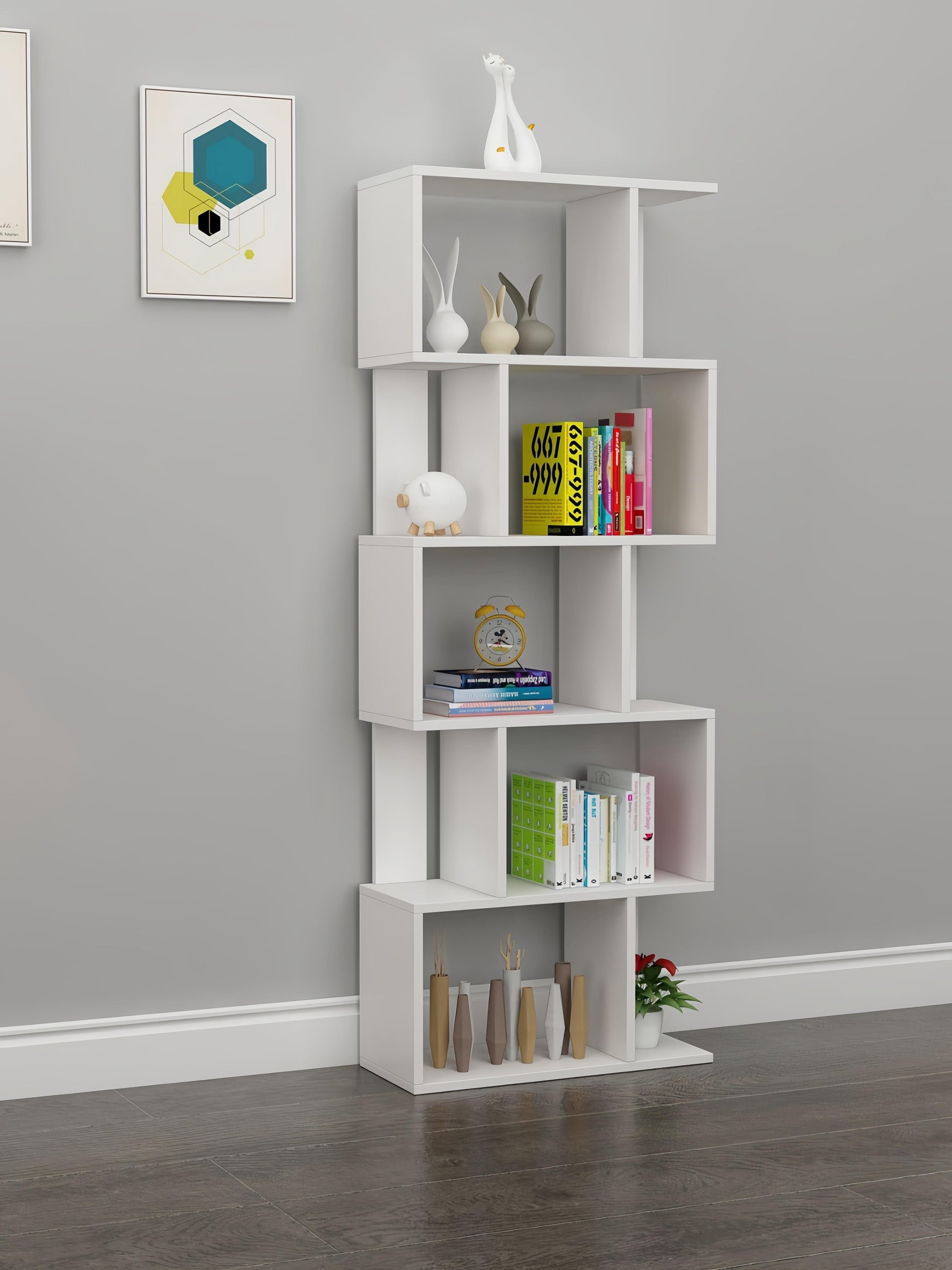 Dfw 5 Tier Geometric Storage Shelf Bookshelf, S Shaped Bookcase, Freestanding Room Divider, Industrial Home Office Decor Wood Open Storage Display Shelf For Living Room 1, White 5 White White