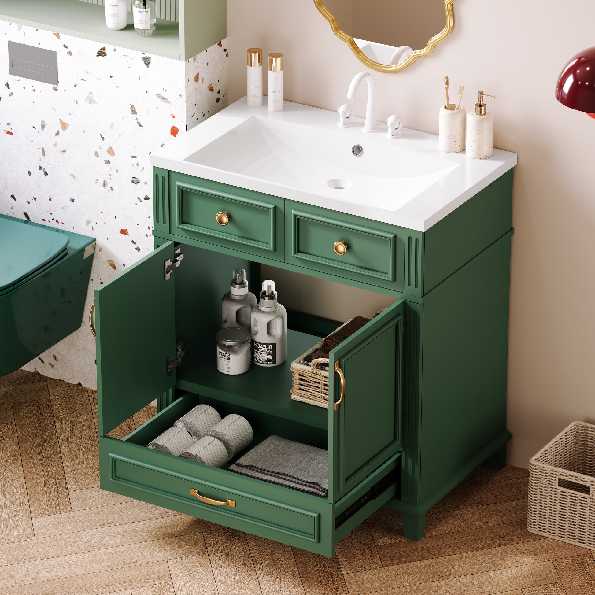 30'' Bathroom Vanity With Resin Sink, Solid Wood Frame Bathroom Storage Cabinet With Soft Closing Doors, Retro Style, Green Same As Sw000118Aaf Green Bathroom Modern Solid Wood Mdf Resin