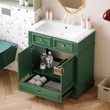 30'' Bathroom Vanity With Resin Sink, Solid Wood Frame Bathroom Storage Cabinet With Soft Closing Doors, Retro Style, Green Same As Sw000118Aaf Green Bathroom Modern Solid Wood Mdf Resin