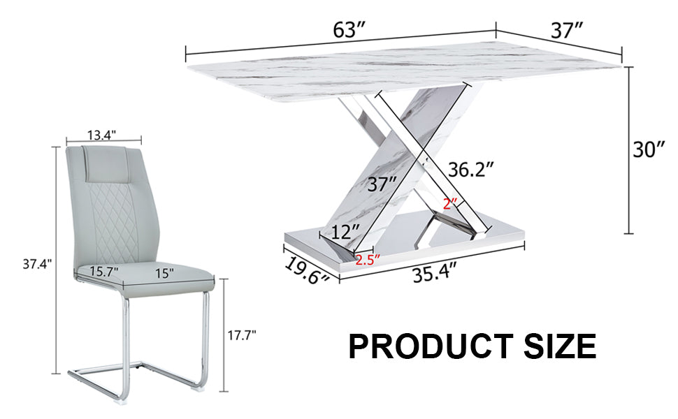 Table And Chair Set, Modern Dining Table, Imitation Marble White Top And Silver Legs, Soft And Comfortable Dining Chair, Perfect For Dinner, Meetings, Home And Office Decor Grey Silver Glass Metal