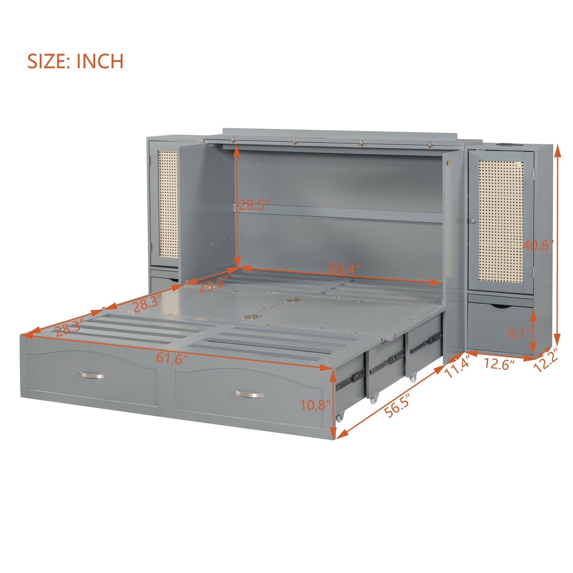 Queen Size Murphy Bed Wall Bed With Drawer And Rattan Decoration With 2 Storage Cabinets, One Set Of Sockets & Usb Ports, Pulley Structure Design, Gray Queen Gray Plywood