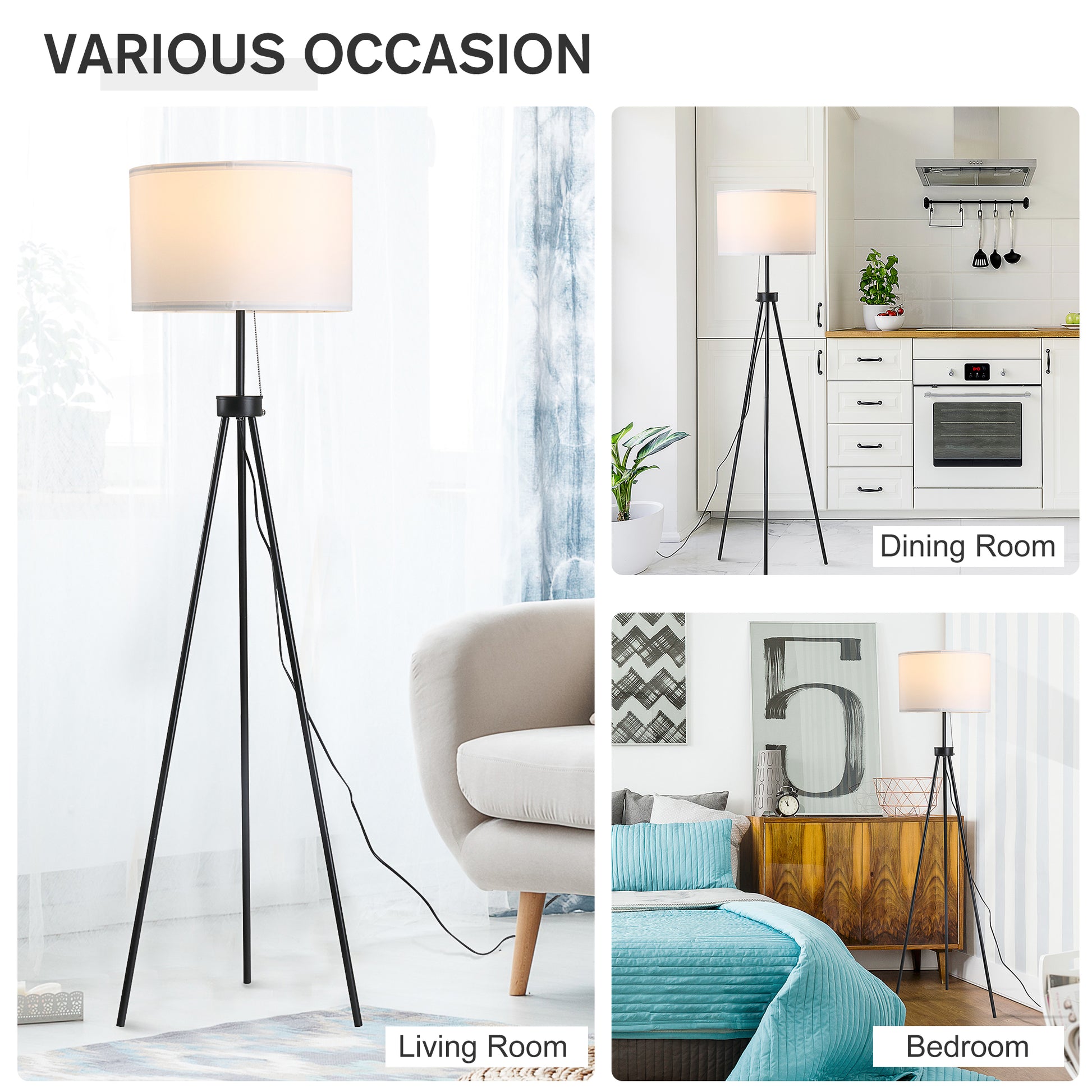 Homcom 59.75" Tripod Floor Lamp With Pull Chain Standing, Fabric Lampshade E26 Lamp Holder Steel For Living Room, Bedroom, Office, Black Black Glass Metal