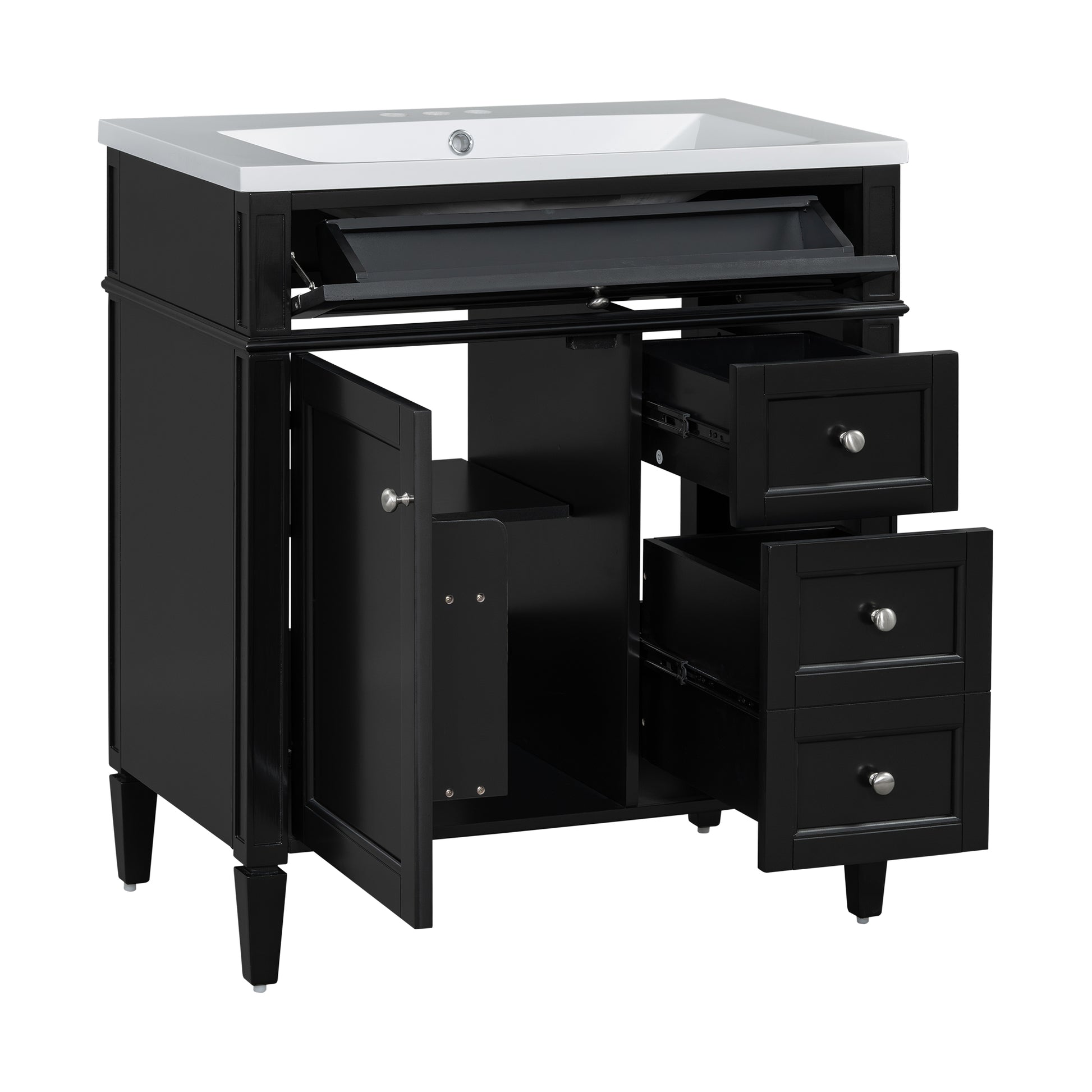 30'' Bathroom Vanity With Top Sink, Modern Bathroom Storage Cabinet With 2 Drawers And A Tip Out Drawer, Single Sink Bathroom Vanity Black Bathroom Solid Wood Mdf