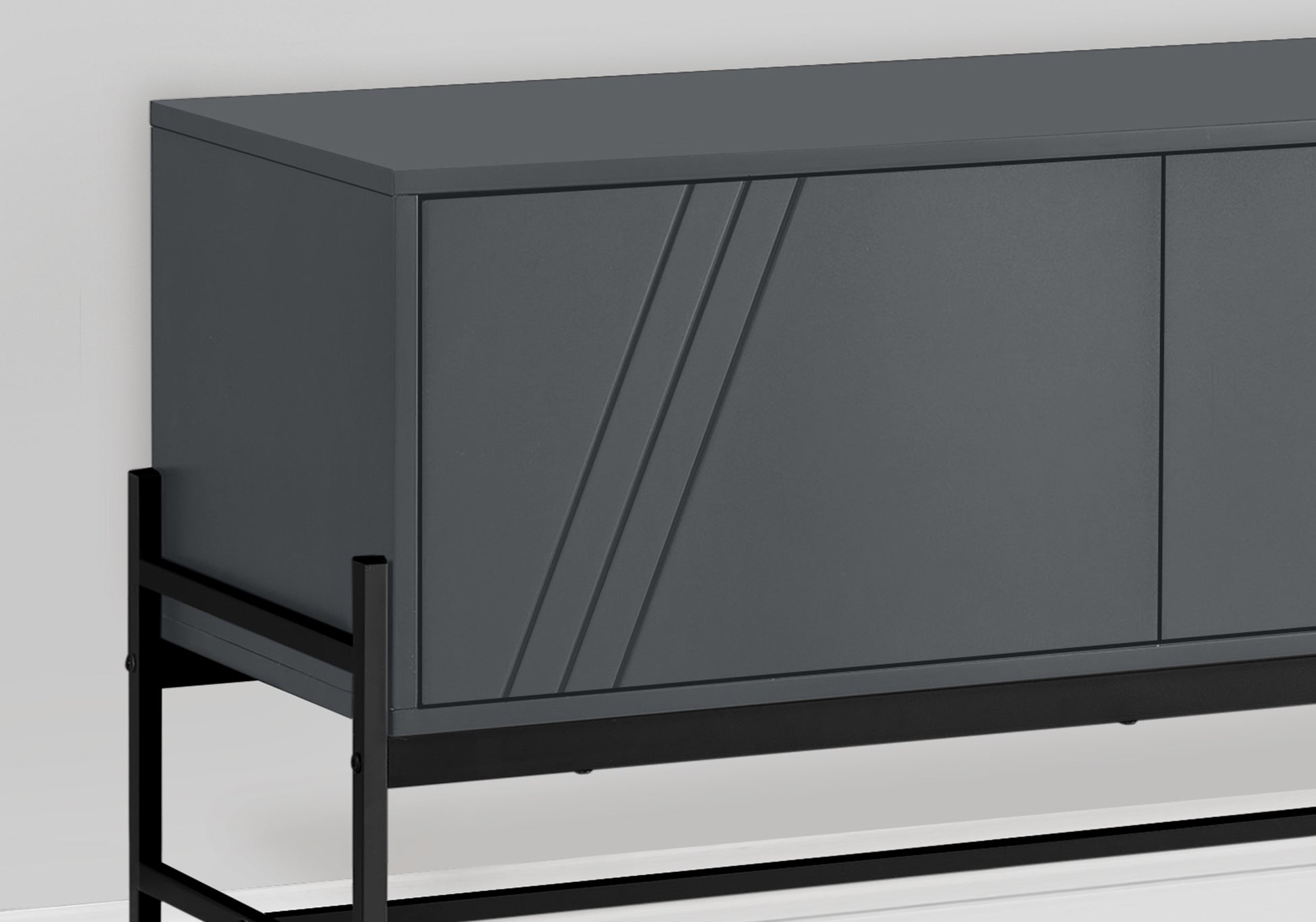 Tv Stand, 60 Inch, Console, Media Entertainment Center, Storage Cabinet, Living Room, Bedroom, Grey Laminate, Black Metal, Contemporary, Modern Grey 80 89 Inches Particle Board