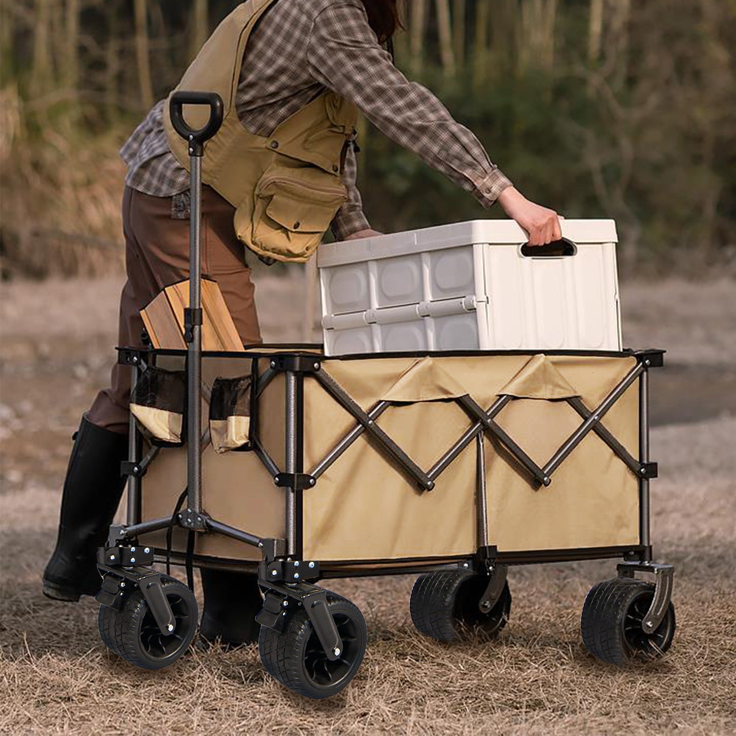Collapsible Folding Wagon, Push Pull Foldable Beach Wagon Cart Grayish Brown Steel