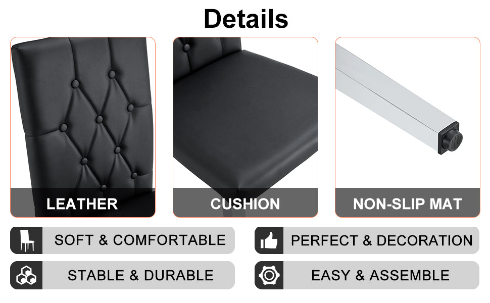 Table And Chair Set, Modern Dining Table, Tempered Glass Tabletop And Silver Colored Leg Table, Soft And Comfortable Dining Chair, Perfect For Dinner, Meetings, Home And Office Decor Black Glass