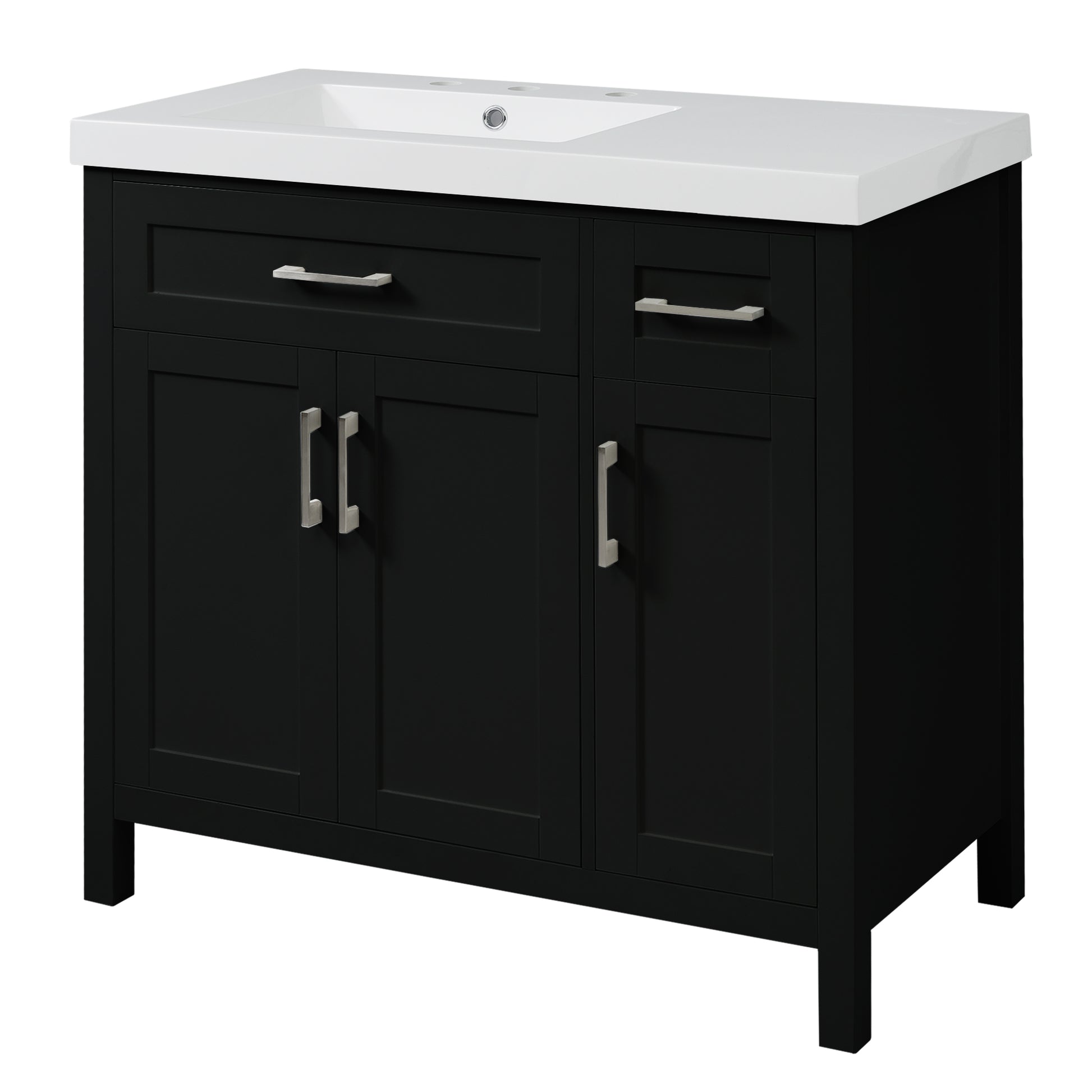 36" Black Bathroom Vanity Cabinet With Resin Integrated Sink 2 Drawers, 3 Doors Black Bathroom Solid Wood Mdf Resin