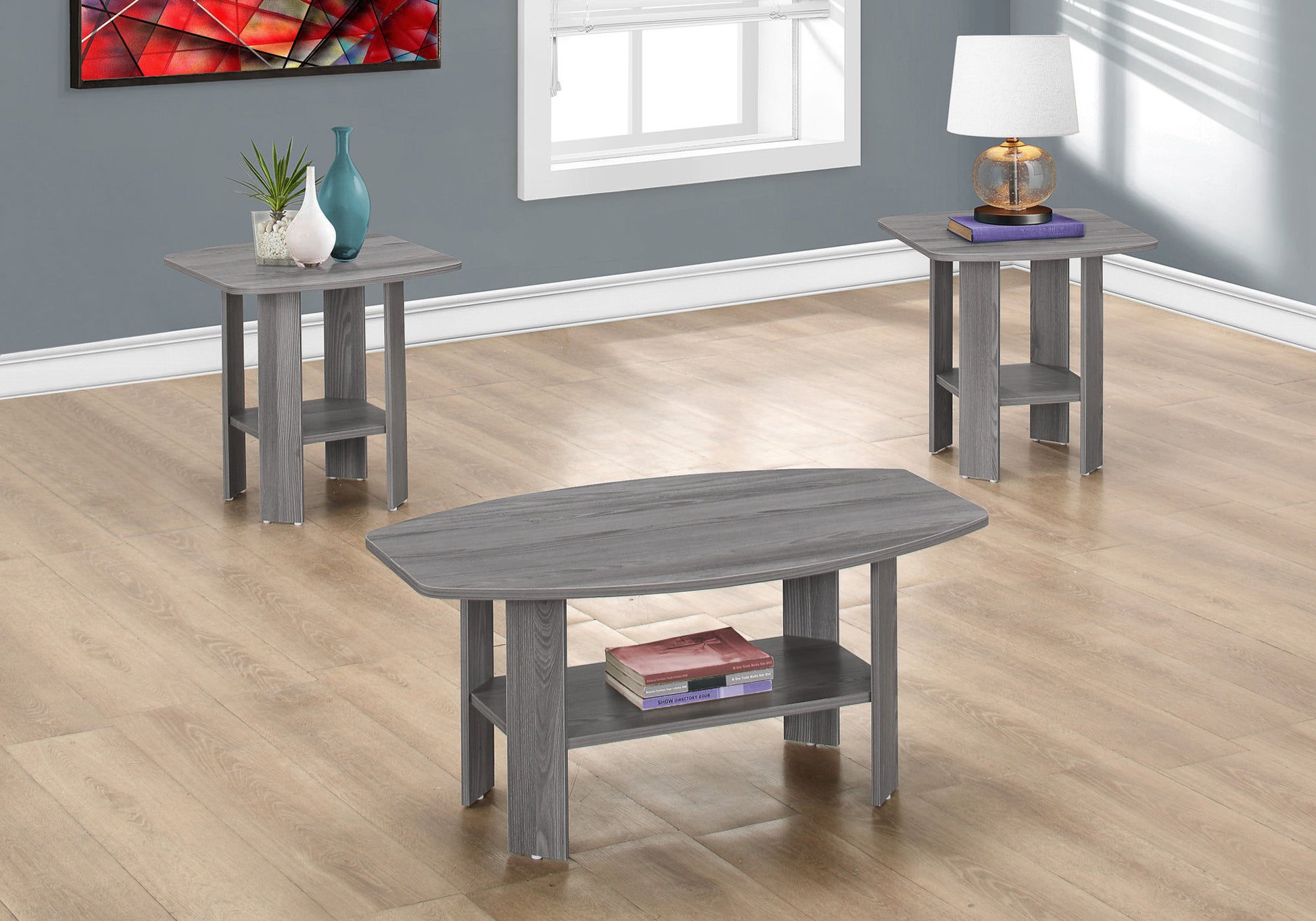 Table Set, 3Pcs Set, Coffee, End, Side, Accent, Living Room, Grey Laminate, Transitional Grey Particle Board