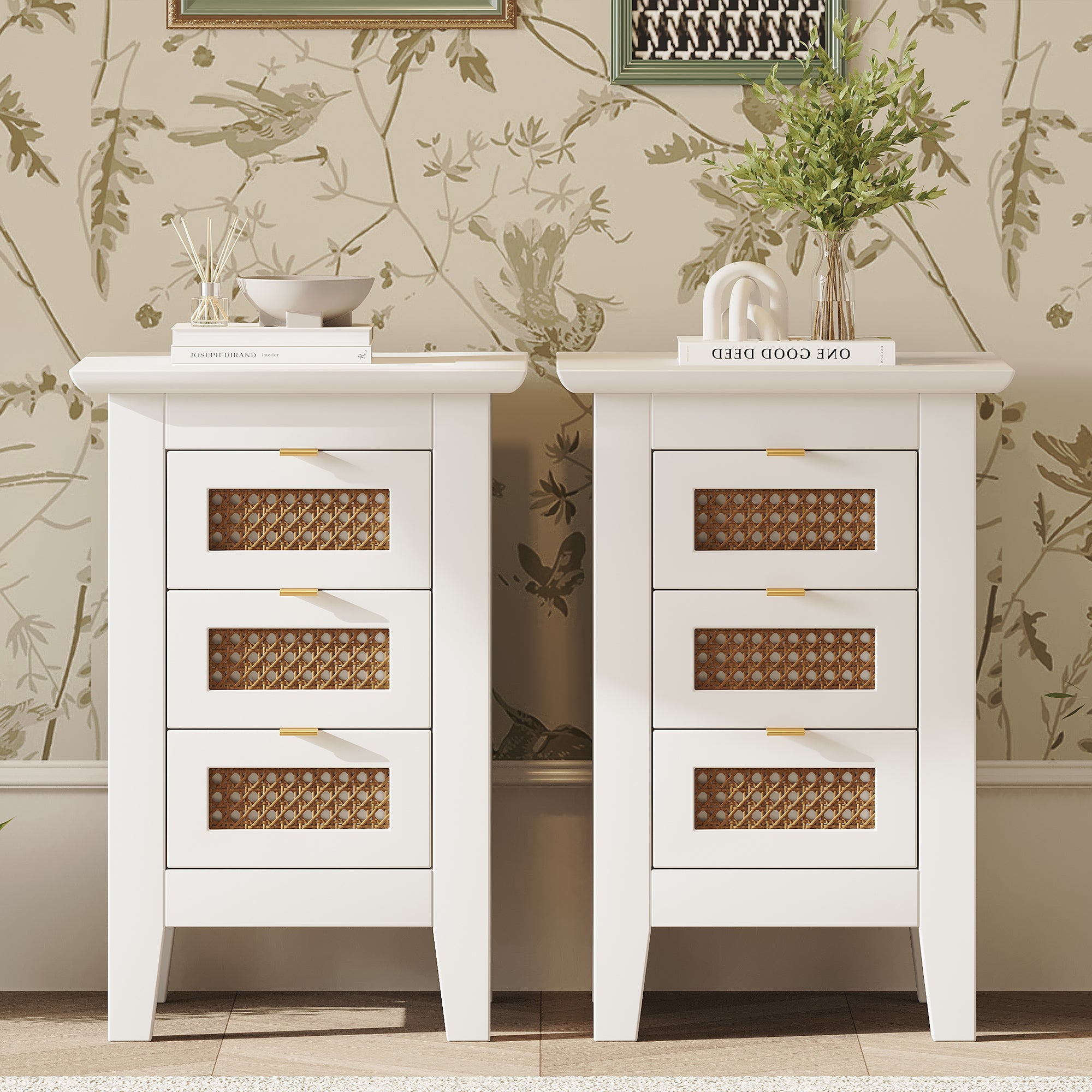 Wooden Nightstands Set Of 2 With Rattan Woven Surfaces And Three Drawers, Exquisite Elegance With Natural Storage Solutions For Bedroom, White White Particle Board