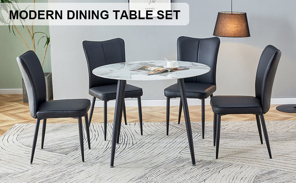 Table And Chair Set. Large Modern White Imitation Marble Patterned Round Table With Black Metal Legs. Nice Minimalism, Comfortable Seats And Black Metal Legs. White Black Seats 4 Glass Metal