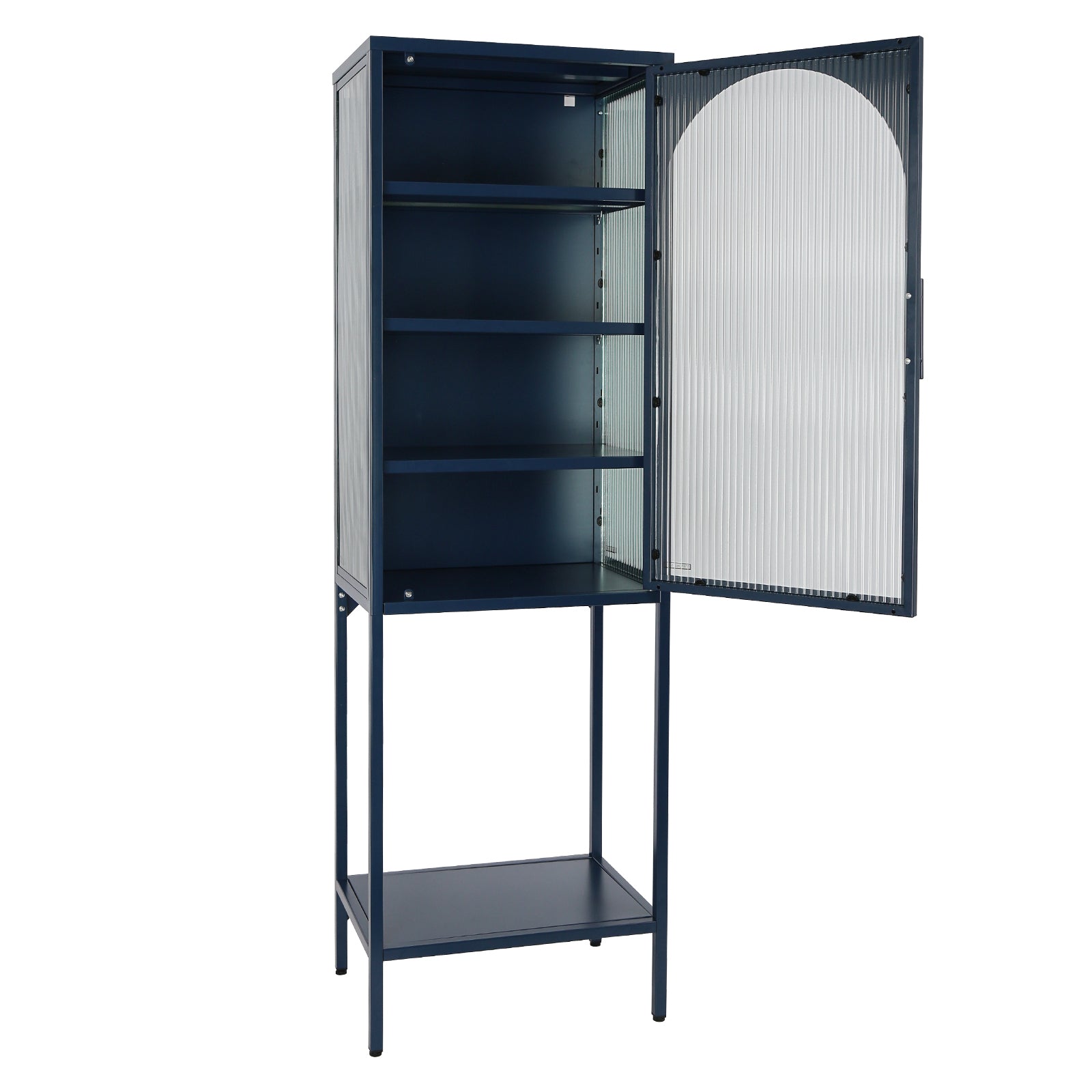 Stylish Tempered Glass High Cabinet With Arched Door Adjustable Shelves And Feet Anti Tip Dust Free Fluted Glass Kitchen Credenza Blue Blue Tempered Glass Sheet Metal Plastic