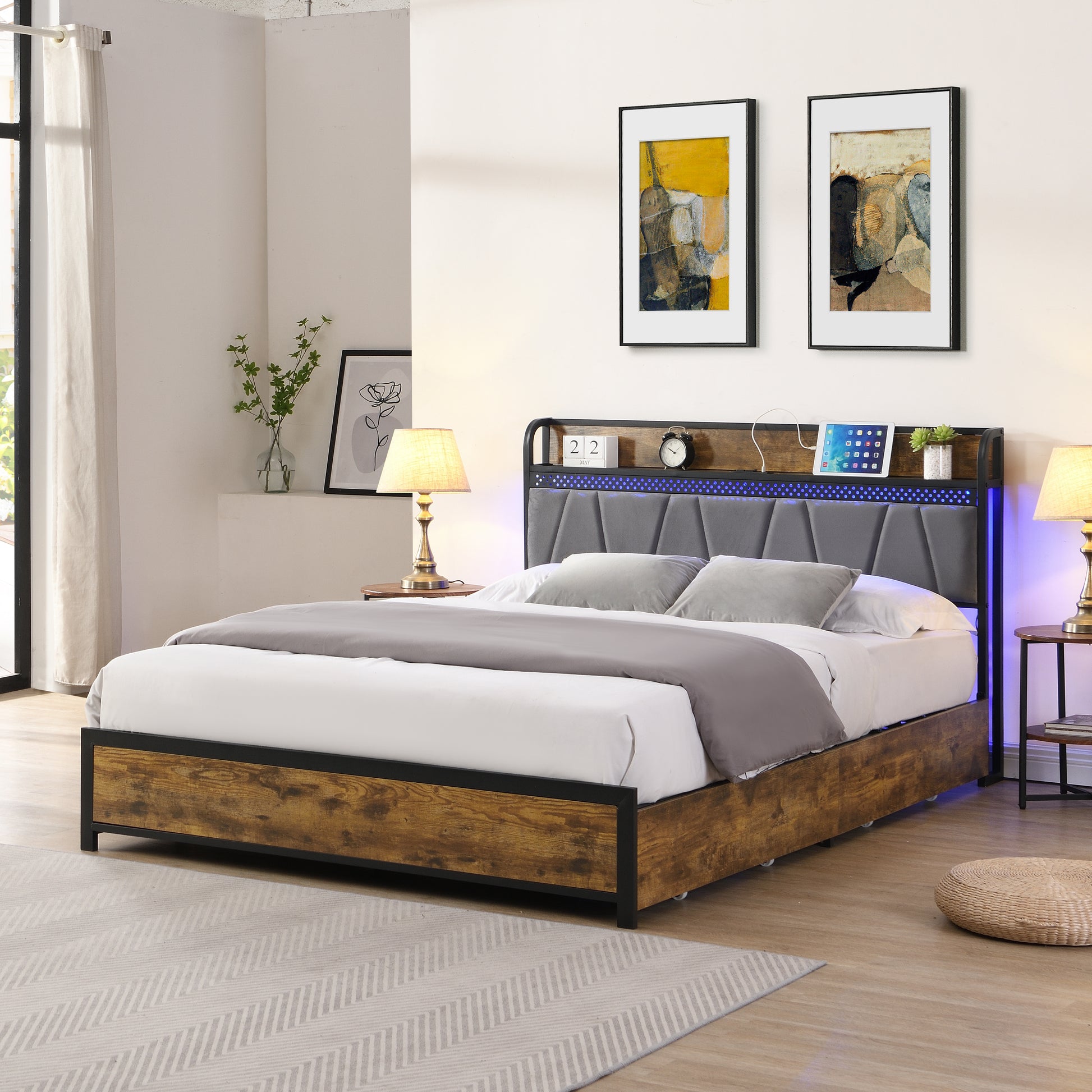 Queen Size Bed Frame, Storage Headboard With Charging Station And 4 Storage Drawers,Led Lightsbrown And And Gray Queen Black Brown Grey Mdf Metal