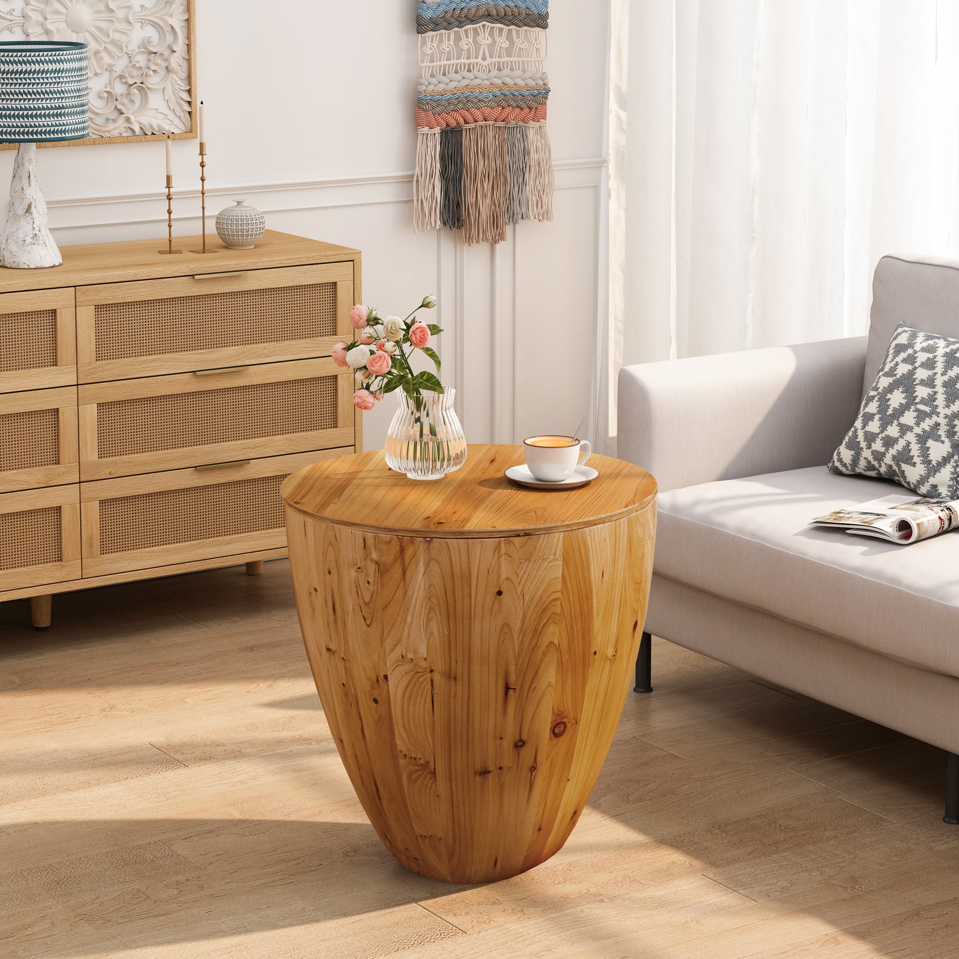 20.87"Vintage Style Bucket Shaped Coffee Table For Office, Dining Room And Living Room Same Sku:W75770649 Natural Solid Wood Mdf