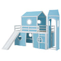 Twin Size Loft Bed With Slide Pink Tent And Tower Blue Old Sku:Wf298769Aac Twin Blue Solid Wood