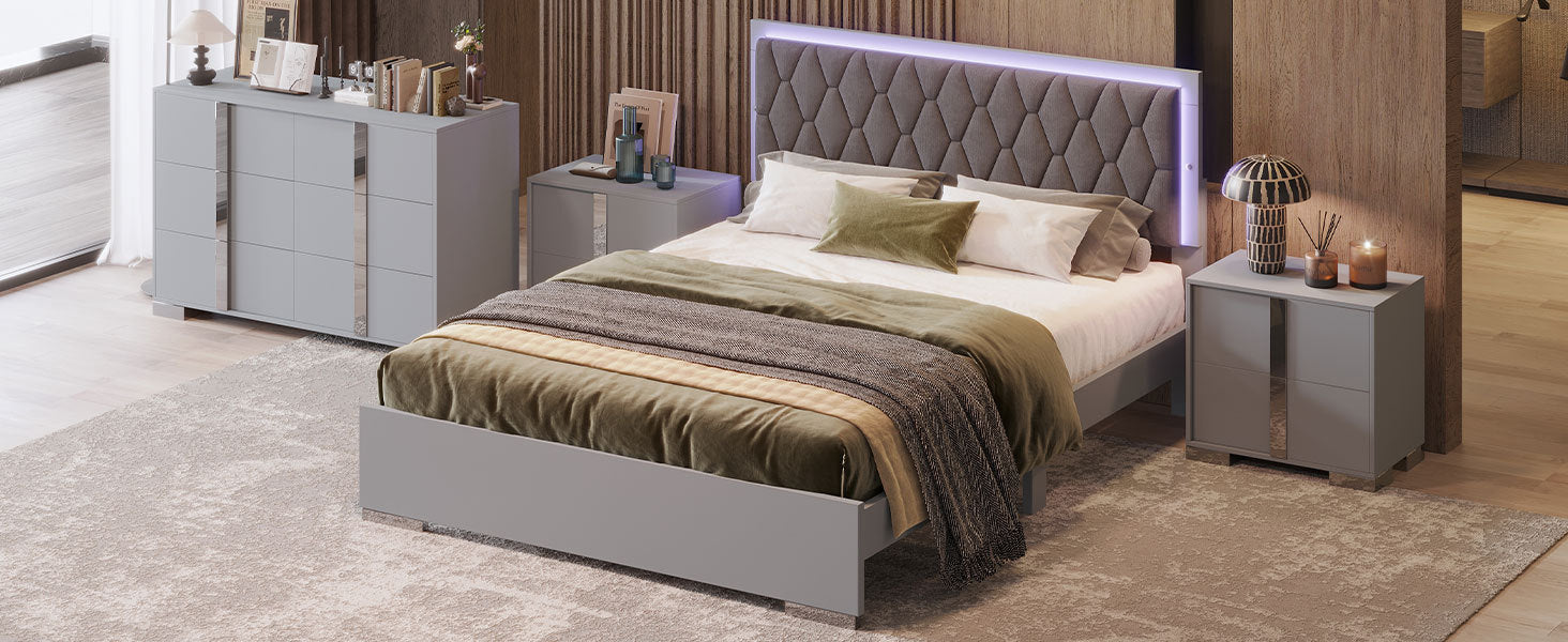 4 Pieces Bedroom Sets Queen Size Upholstered Bed With Led Lights, Mirrored Nightstands And Dresser With Metal Handles And Legs,Grey Queen Grey 4 Piece Set Solid Wood Mdf