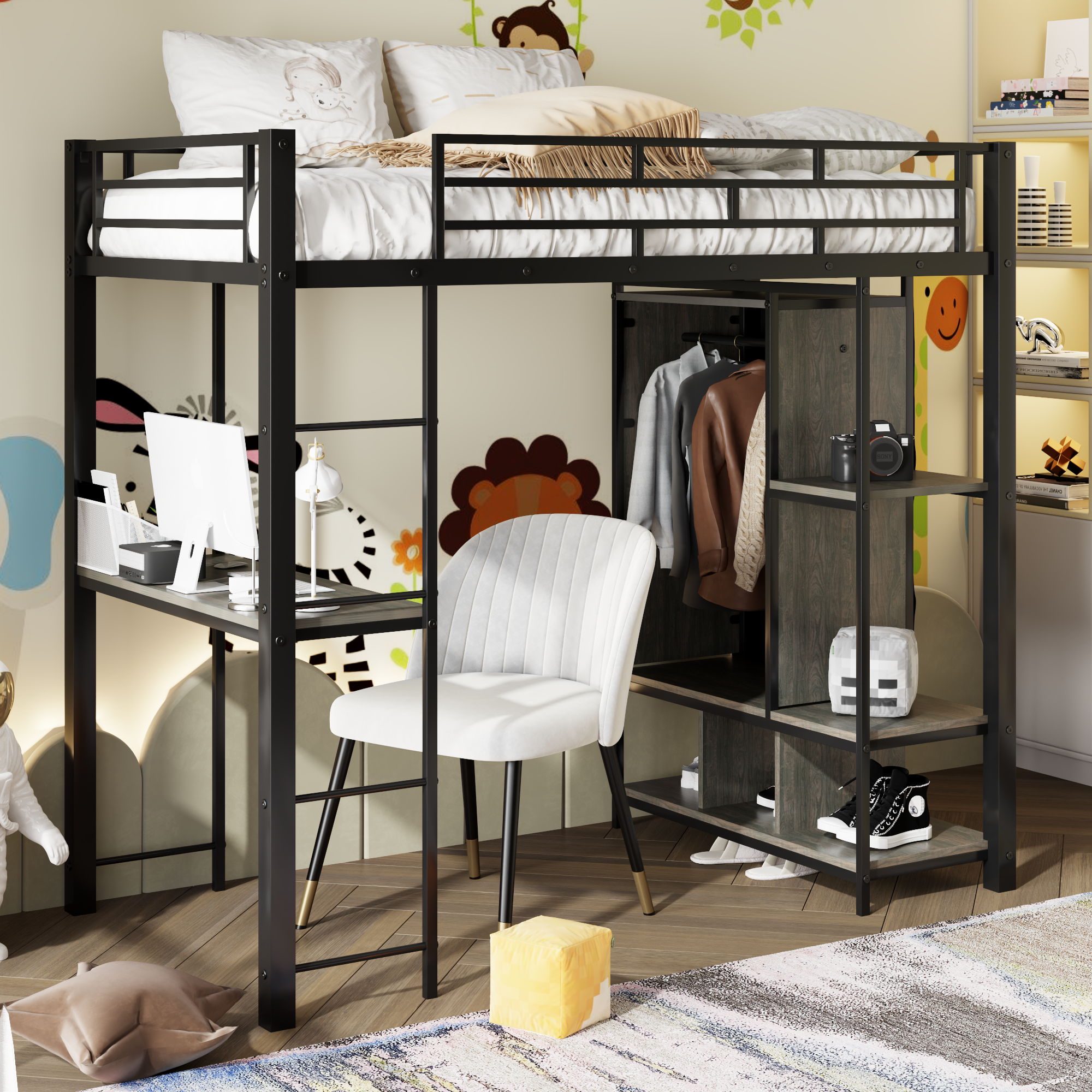 Twin Size Metal Loft Bed With Built In Wardrobe, Desk And Shelves, Black Expected Arrival Time: 9.3 Box Spring Not Required Twin Black Mdf Metal