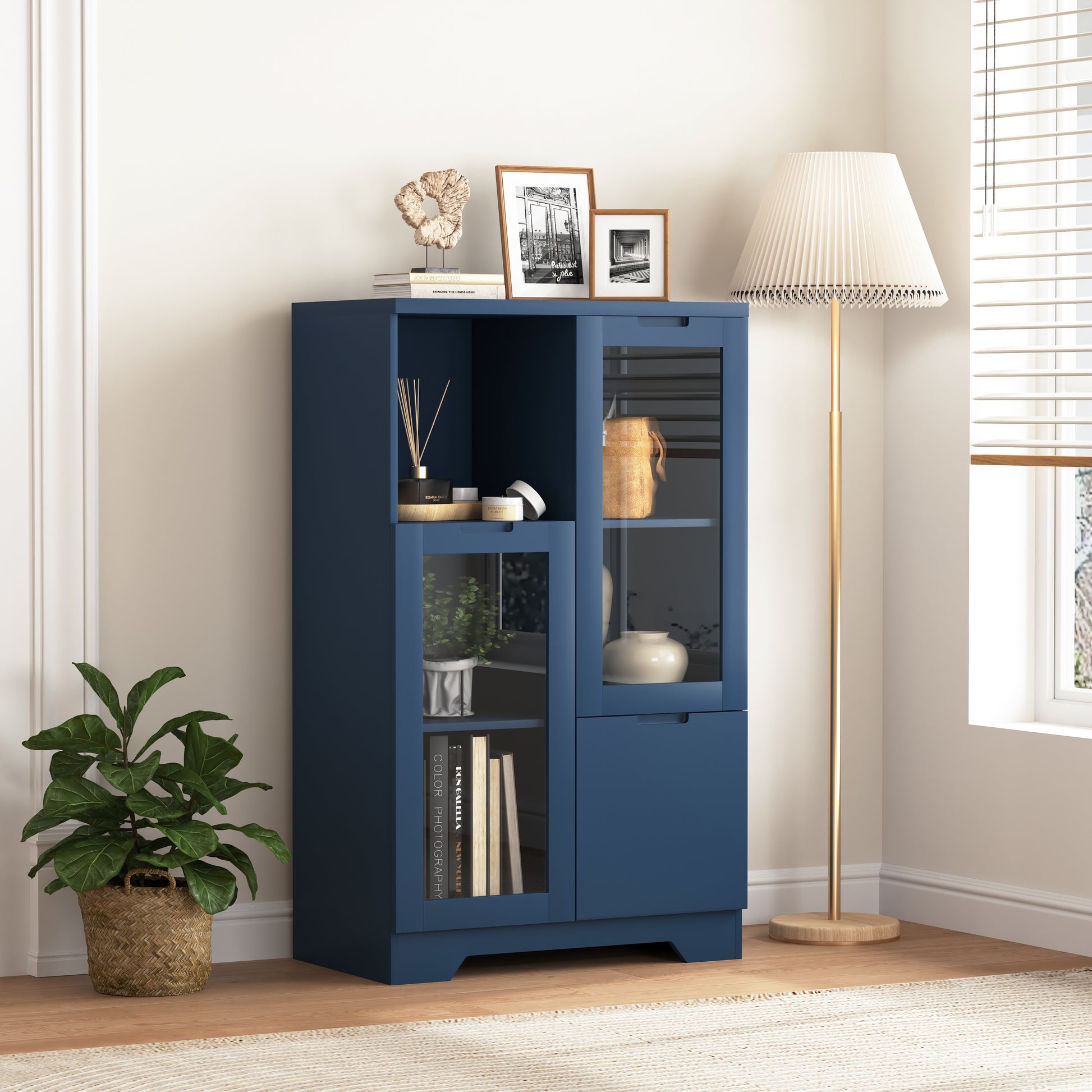 Wooden Floor Cabinet With 2 Glass Doors And 2 Storage Space,Blue Living Room Bathroom Entryway Blue Mdf