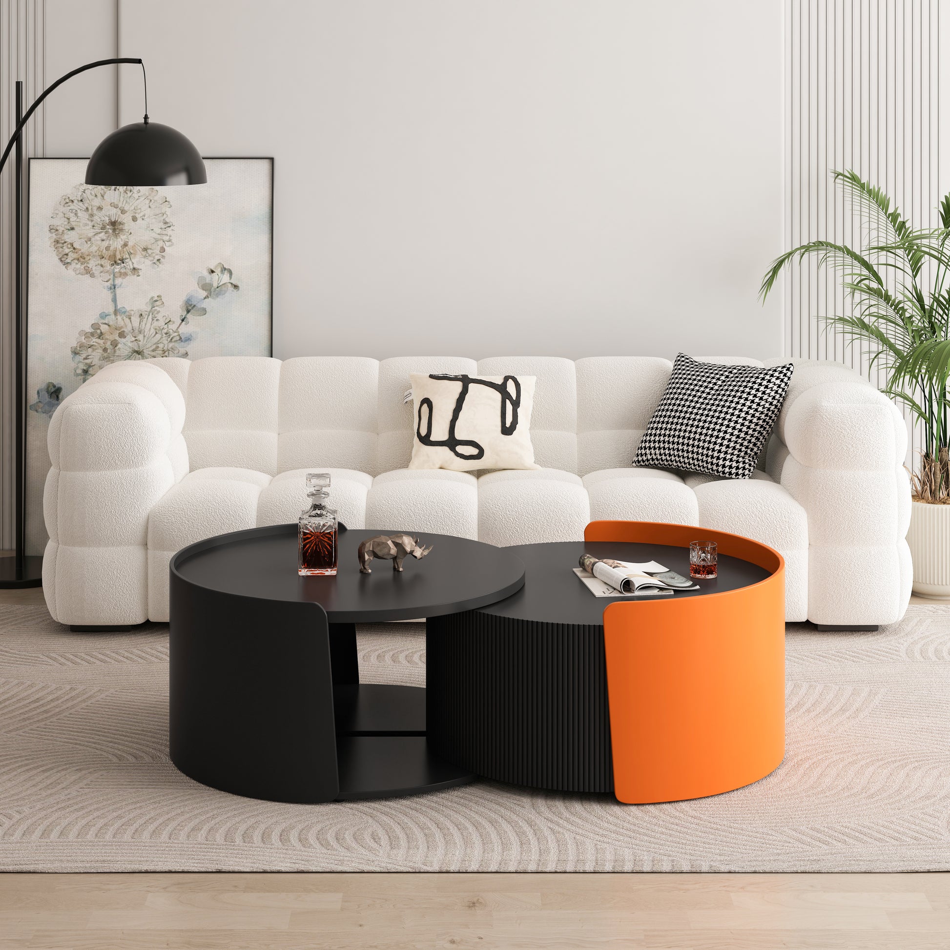 Nesting Coffee Table, Round Nesting Tables And End Tables For Small Space, Modern Side Tables With Extendable Sliding Tabletop For Living Room, Office,Black, No Need Assembly Black Mdf