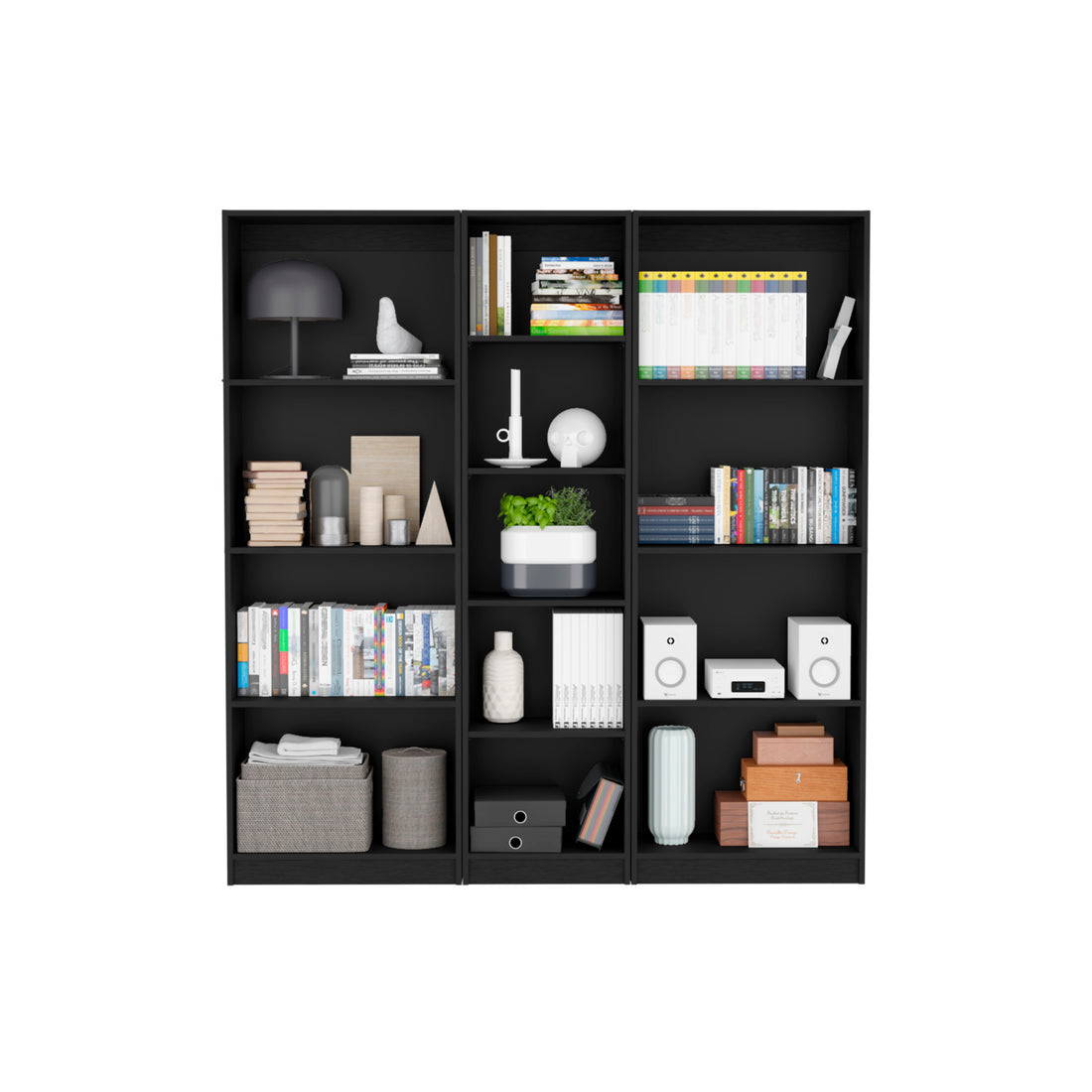 Durant 3 Piece Home Bookcase Set, 67" Wide With 13 Shelvesliving Room Set Set Black Black Particle Board