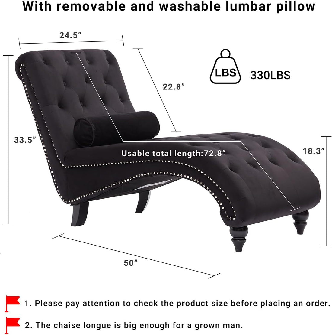 Button Tufted Chaise Lounge Indoor With Solid Wood Leg Support Pillow, Upholstered Chaise Lounge Chair For Bedroom Living Room Office, Armless Rolled Backrest Leisure Sofa Recliner Black Velvet Black Wood Fabric