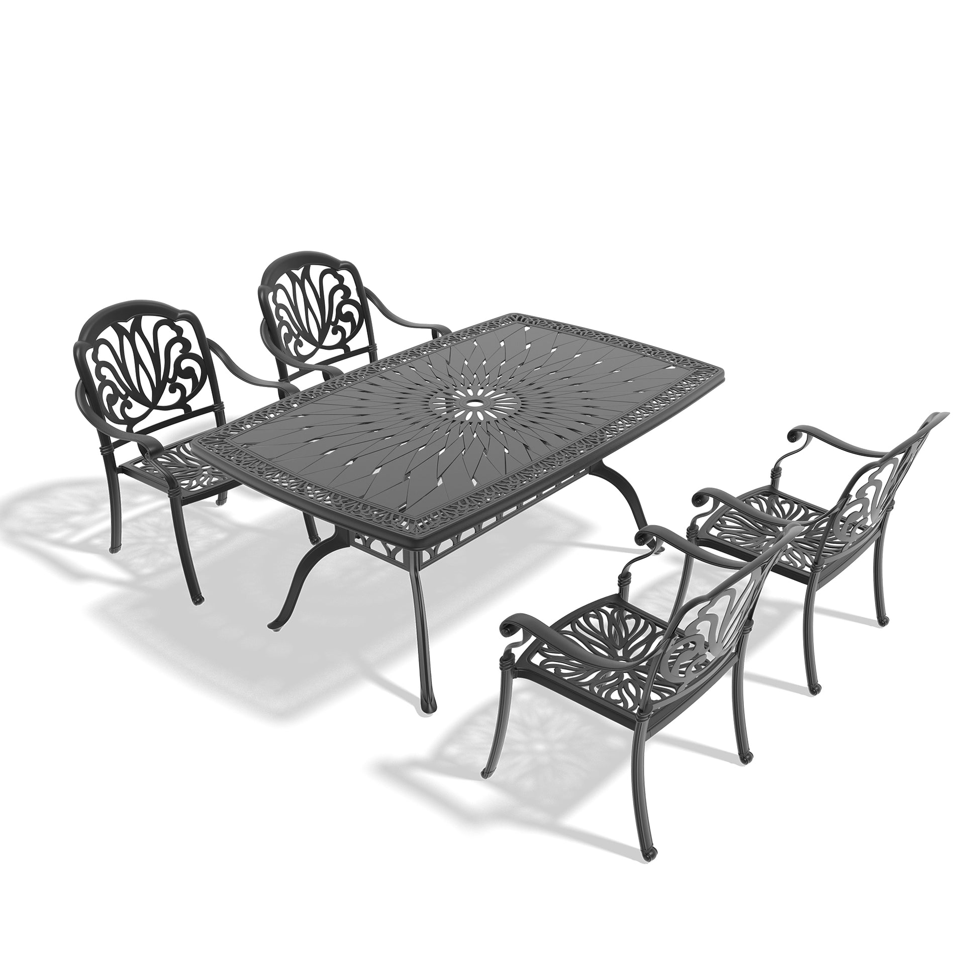 Cushions In Random Colors 5 Piece Set Of Cast Aluminum Patio Furniture With Cushions Yes Dining Set Black Seats 4 Rust Resistant Frame Water Resistant Cushion Garden & Outdoor Complete Patio Sets