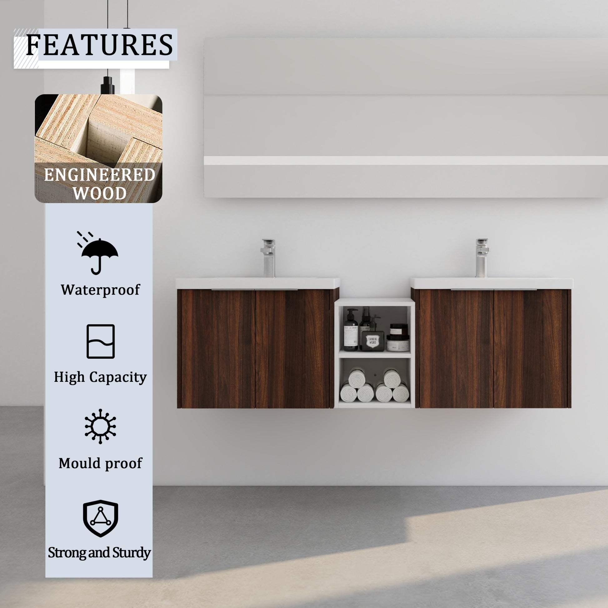 60 Inch Soft Close Doors Bathroom Vanity With Sink, A Small Storage Shelves, 24" And 12" Combination Cabinet, Kd Packing California Walnut 4 1 Bathroom Wall Mounted Modern Plywood