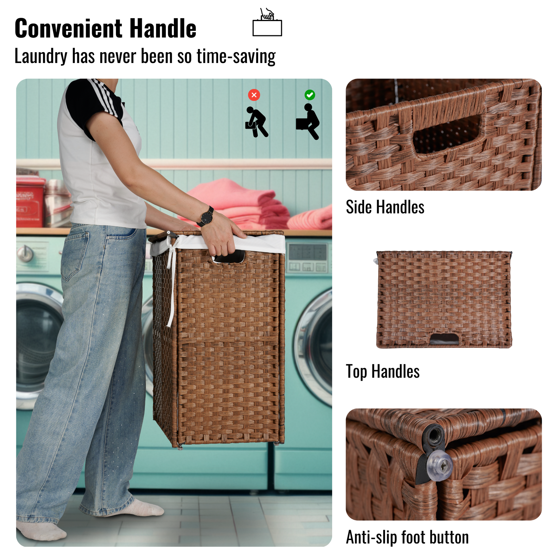 Laundry Hamper With Lid Pe Rattan Powder Coating Frame Clothes Hampers With 02 Removable Bags, 100L, Brown Color 1 Brown Foldable Bathroom American Design,American Traditional Wicker