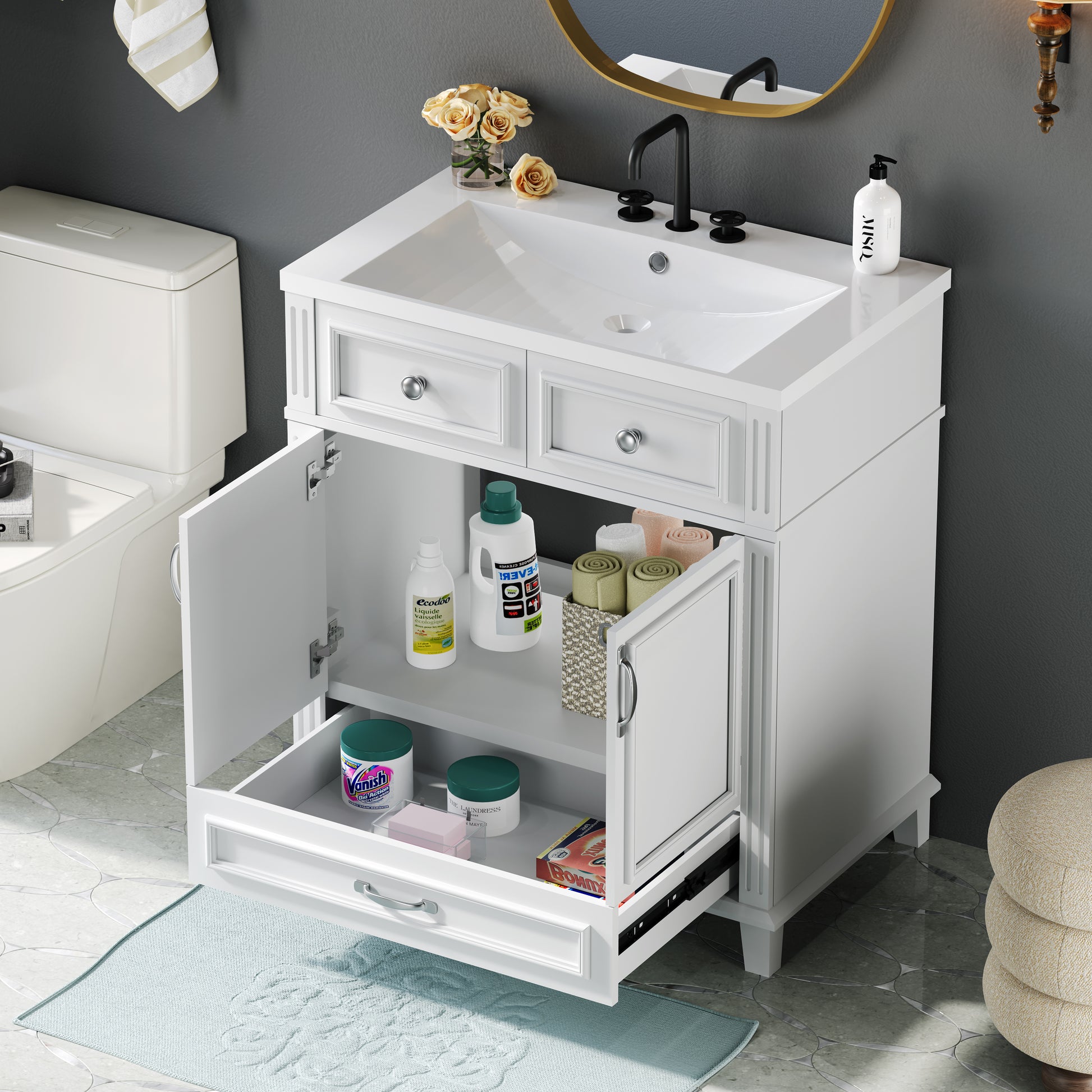 30'' Bathroom Vanity With Resin Sink, Solid Wood Frame Bathroom Storage Cabinet With Soft Closing Doors, Retro Style, White Same As Sw000118Aak White Bathroom Modern Solid Wood Mdf Resin